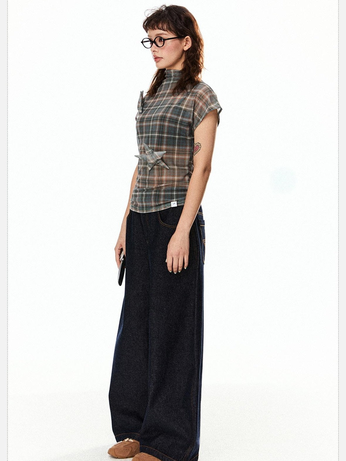 EZEK Star Applique Plaid Women's Breathable Mesh Slim Crop Short Sleeve T-shirts