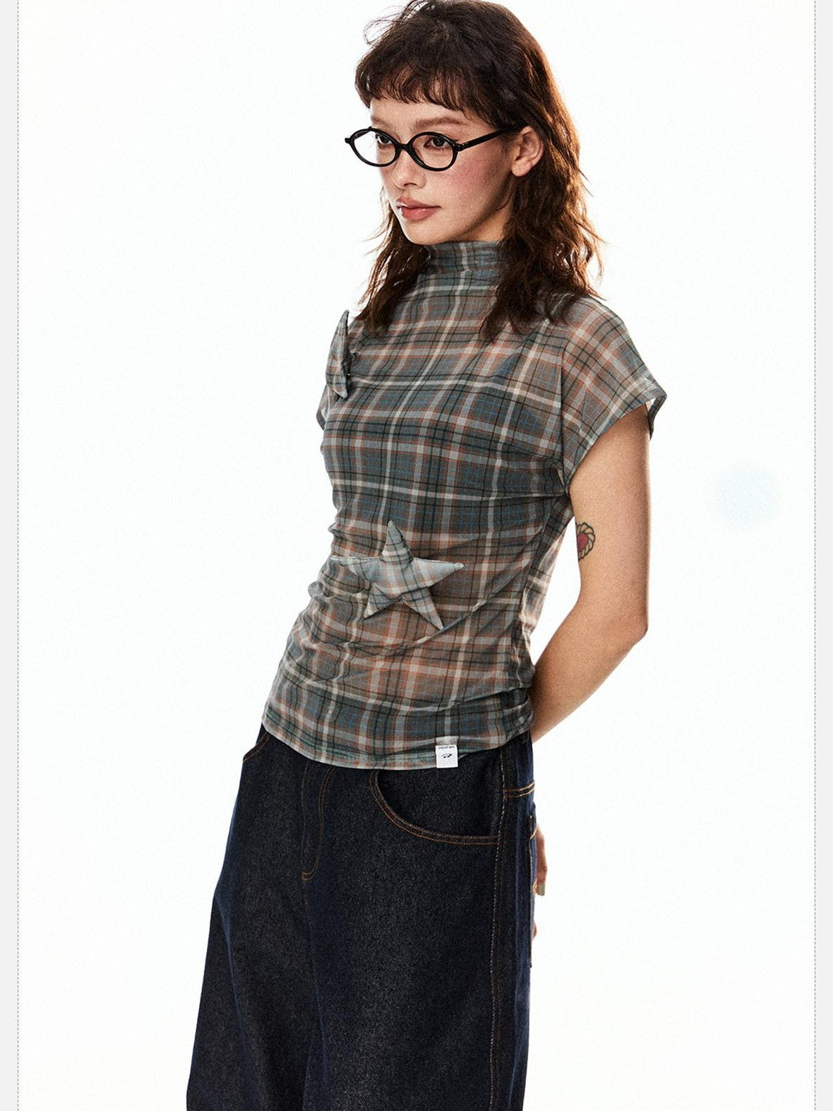 EZEK Star Applique Plaid Women's Breathable Mesh Slim Crop Short Sleeve T-shirts