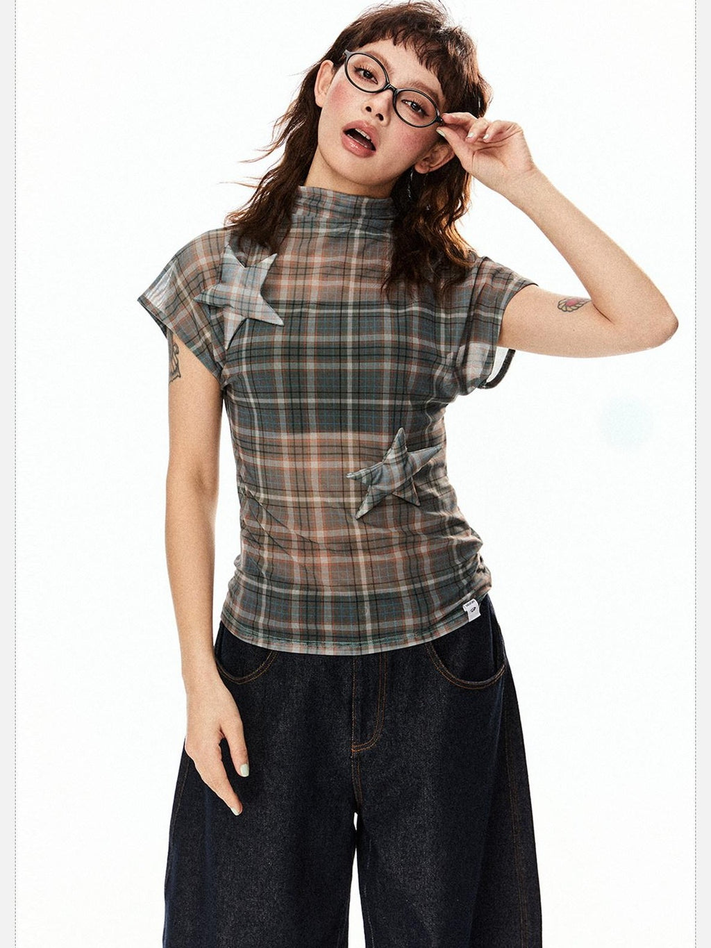EZEK Star Applique Plaid Women's Breathable Mesh Slim Crop Short Sleeve T-shirts