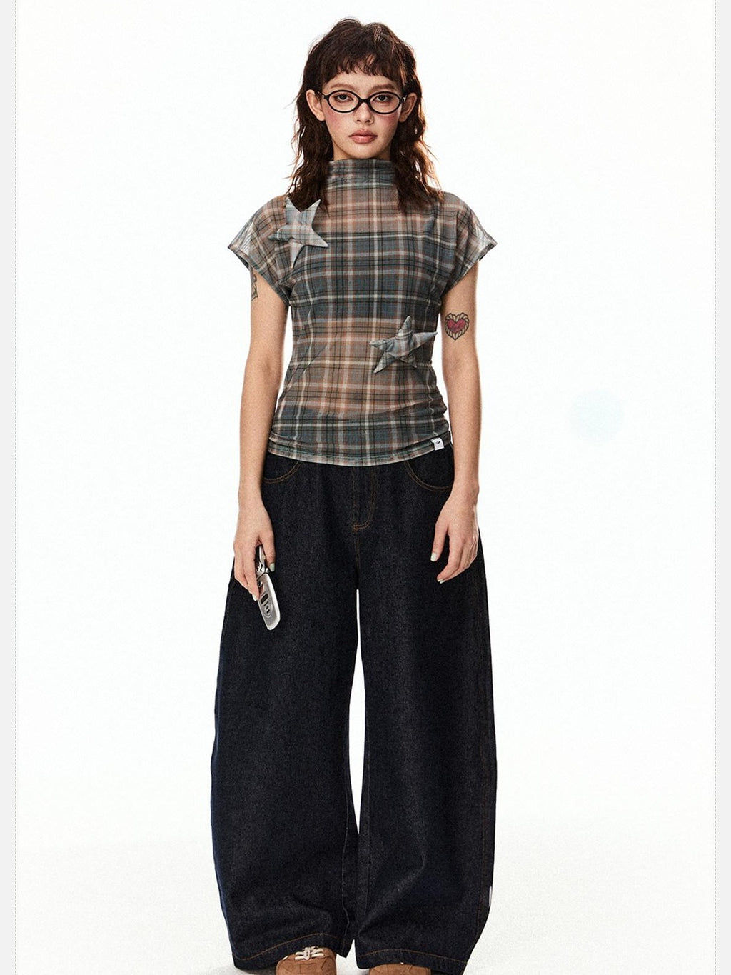 EZEK Star Applique Plaid Women's Breathable Mesh Slim Crop Short Sleeve T-shirts