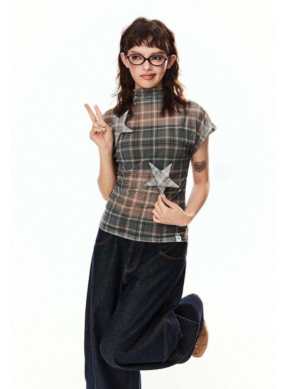 EZEK Star Applique Plaid Women's Breathable Mesh Slim Crop Short Sleeve T-shirts
