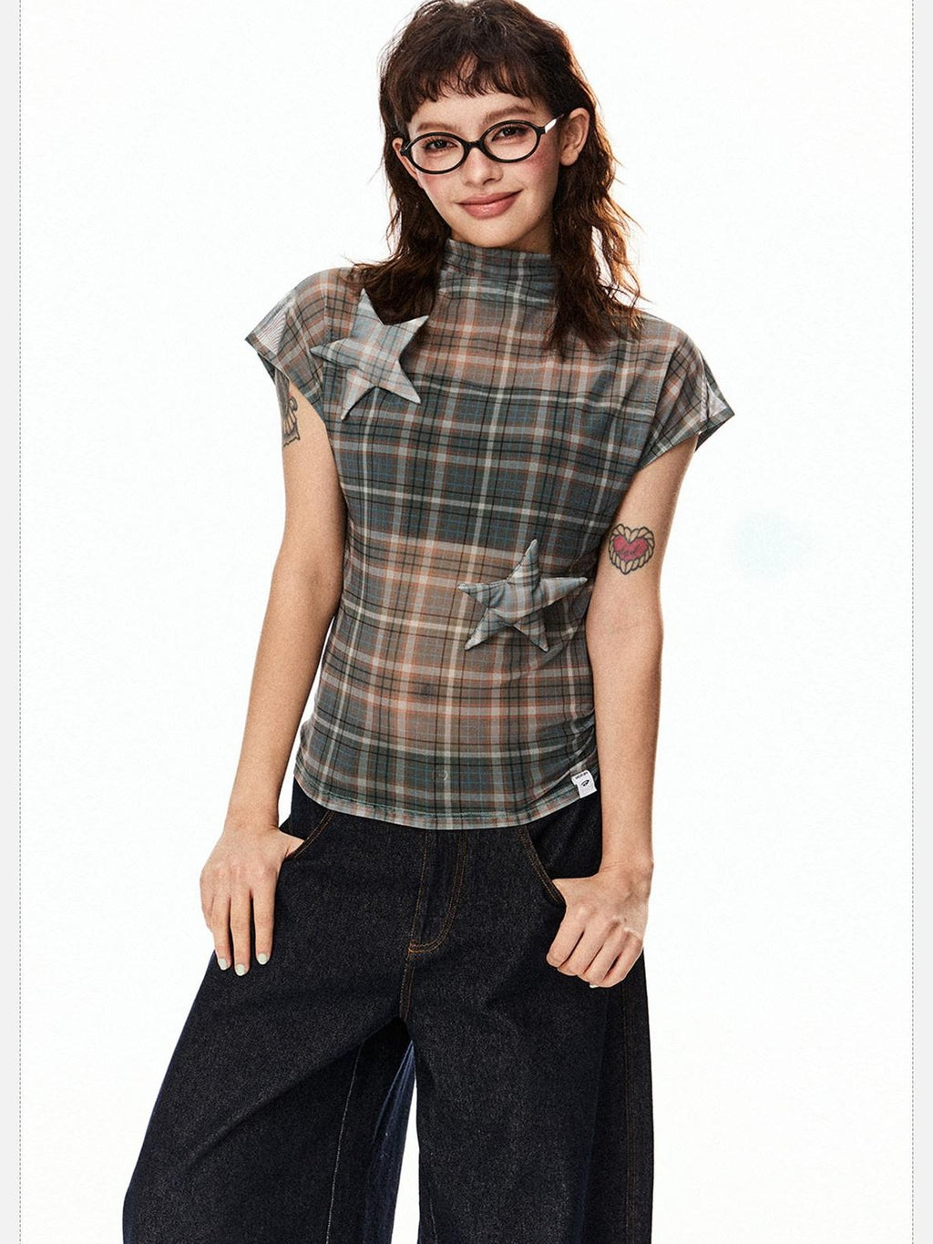 EZEK Star Applique Plaid Women's Breathable Mesh Slim Crop Short Sleeve T-shirts