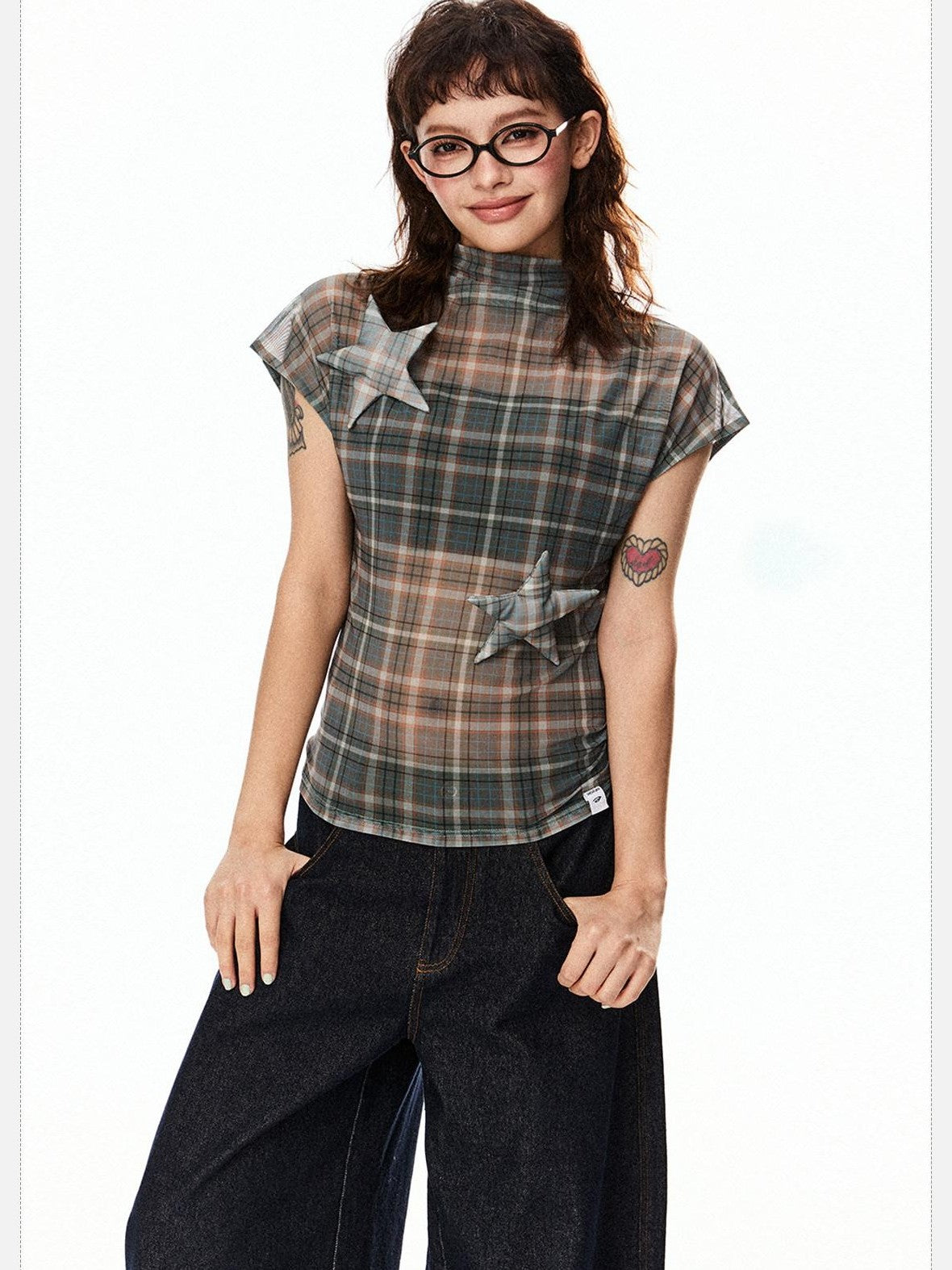 EZEK Star Applique Plaid Women's Breathable Mesh Slim Crop Short Sleeve T-shirts