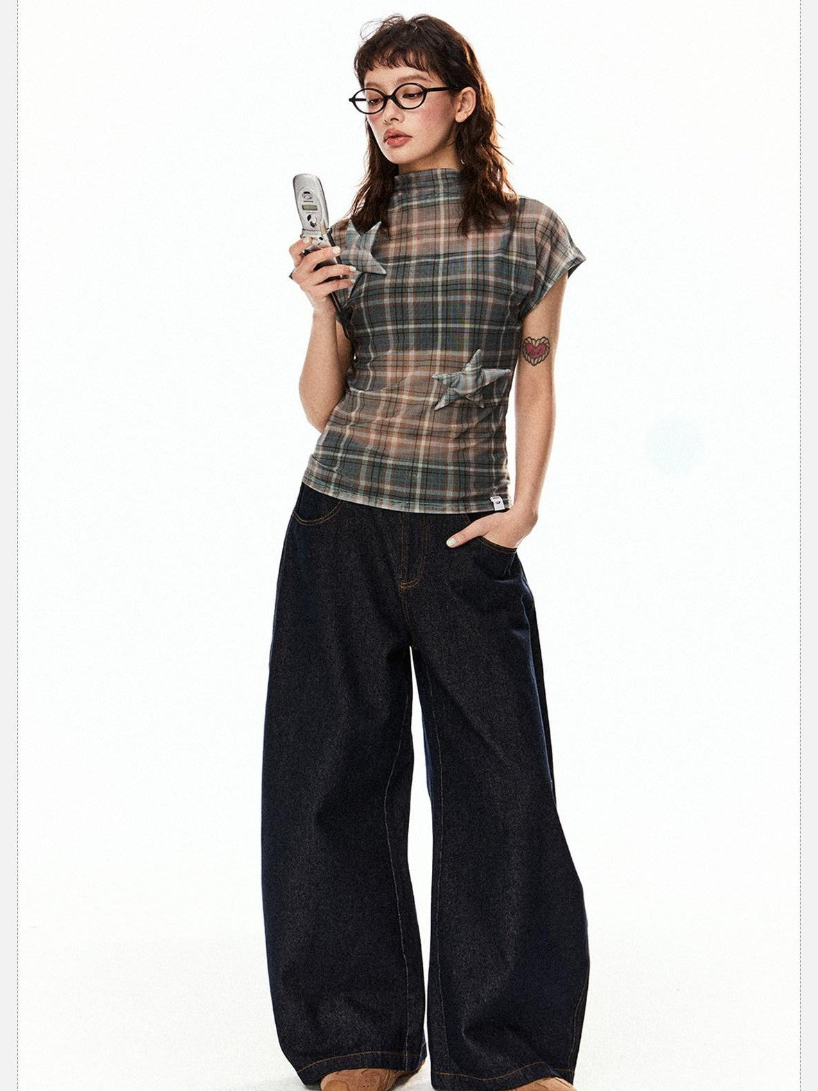 EZEK Star Applique Plaid Women's Breathable Mesh Slim Crop Short Sleeve T-shirts