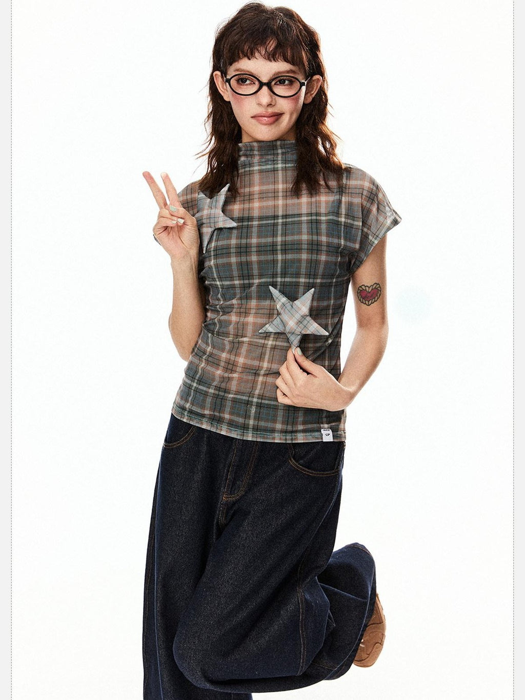 EZEK Star Applique Plaid Women's Breathable Mesh Slim Crop Short Sleeve T-shirts