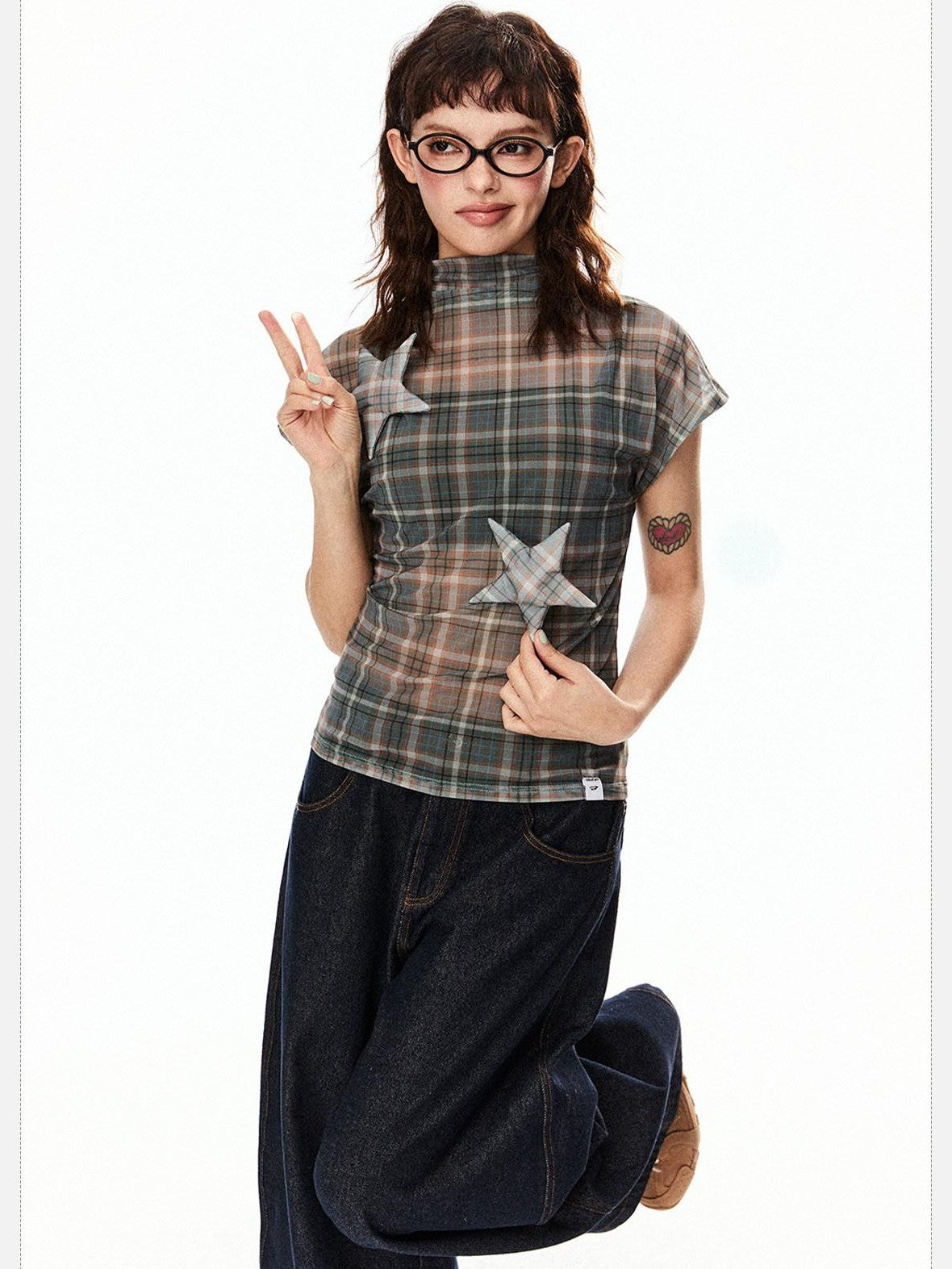 EZEK Star Applique Plaid Women's Breathable Mesh Slim Crop Short Sleeve T-shirts