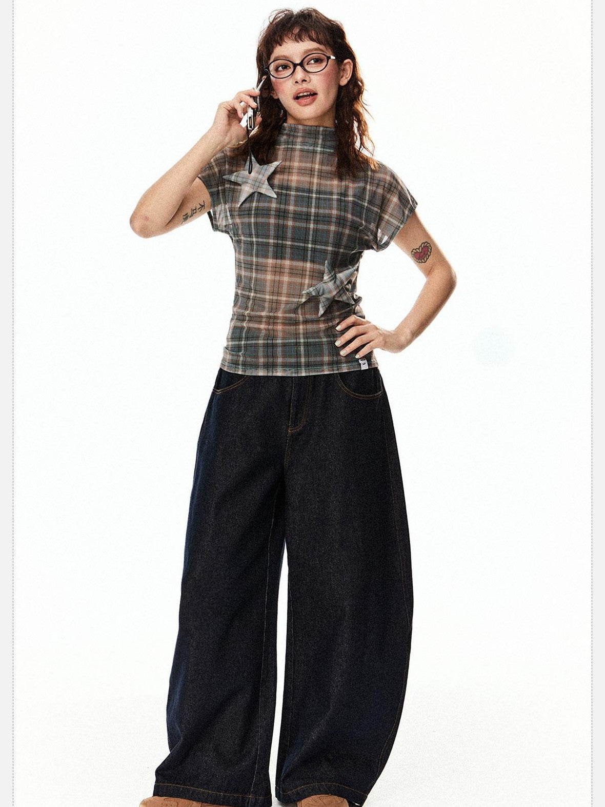 EZEK Star Applique Plaid Women's Breathable Mesh Slim Crop Short Sleeve T-shirts