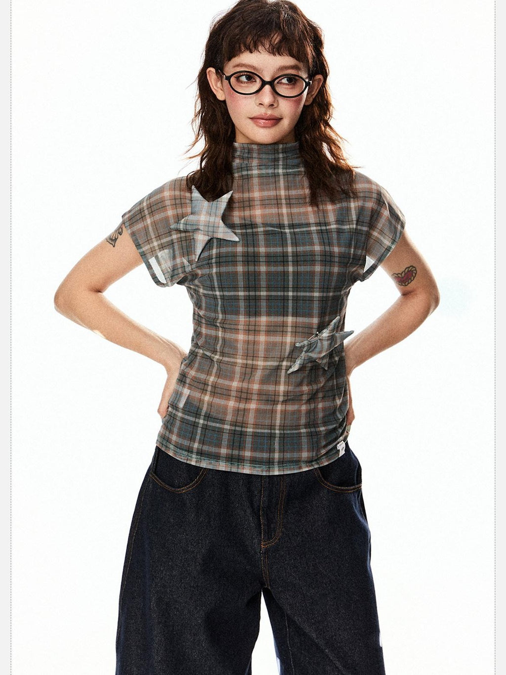 EZEK Star Applique Plaid Women's Breathable Mesh Slim Crop Short Sleeve T-shirts