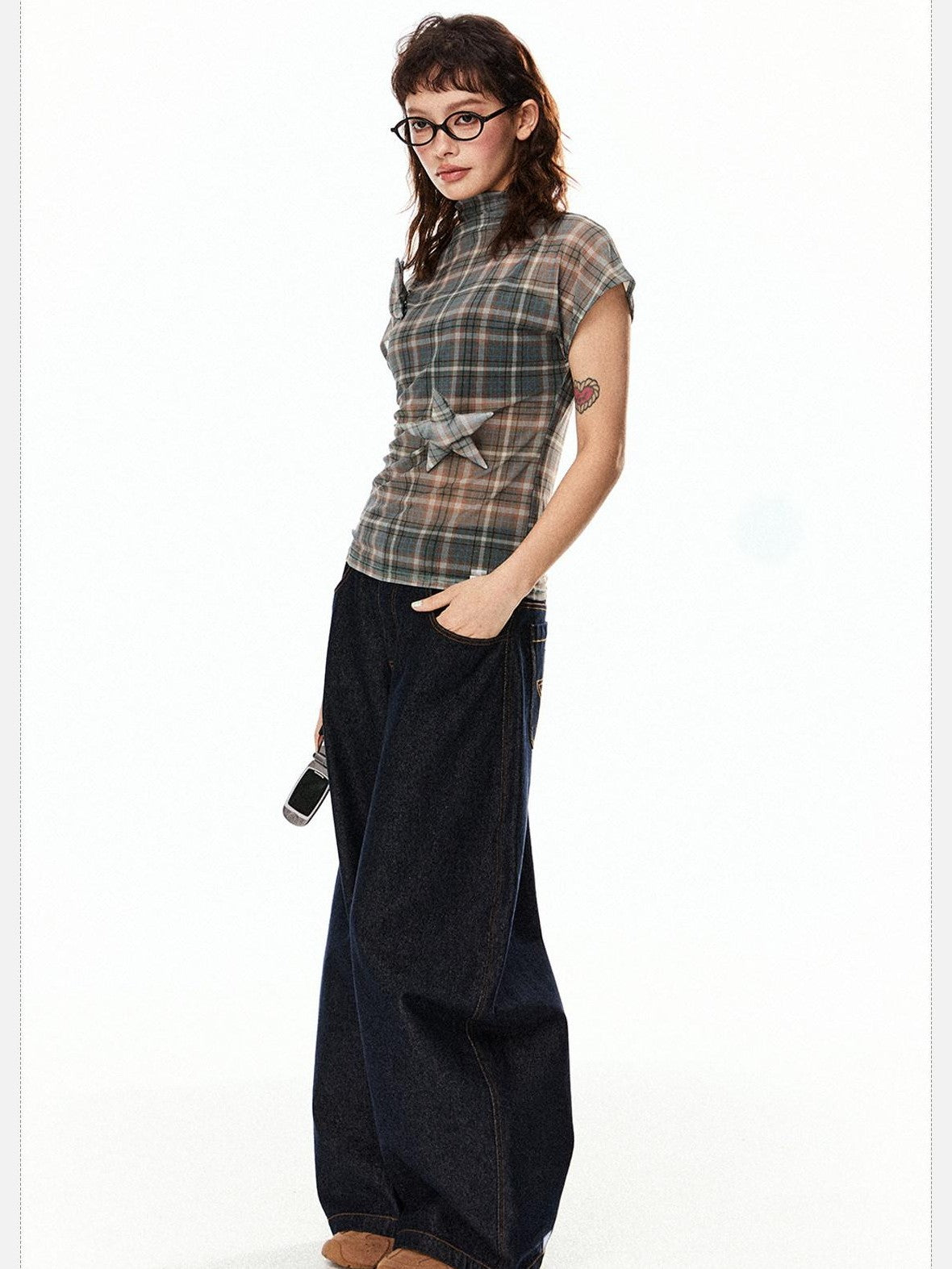 EZEK Star Applique Plaid Women's Breathable Mesh Slim Crop Short Sleeve T-shirts