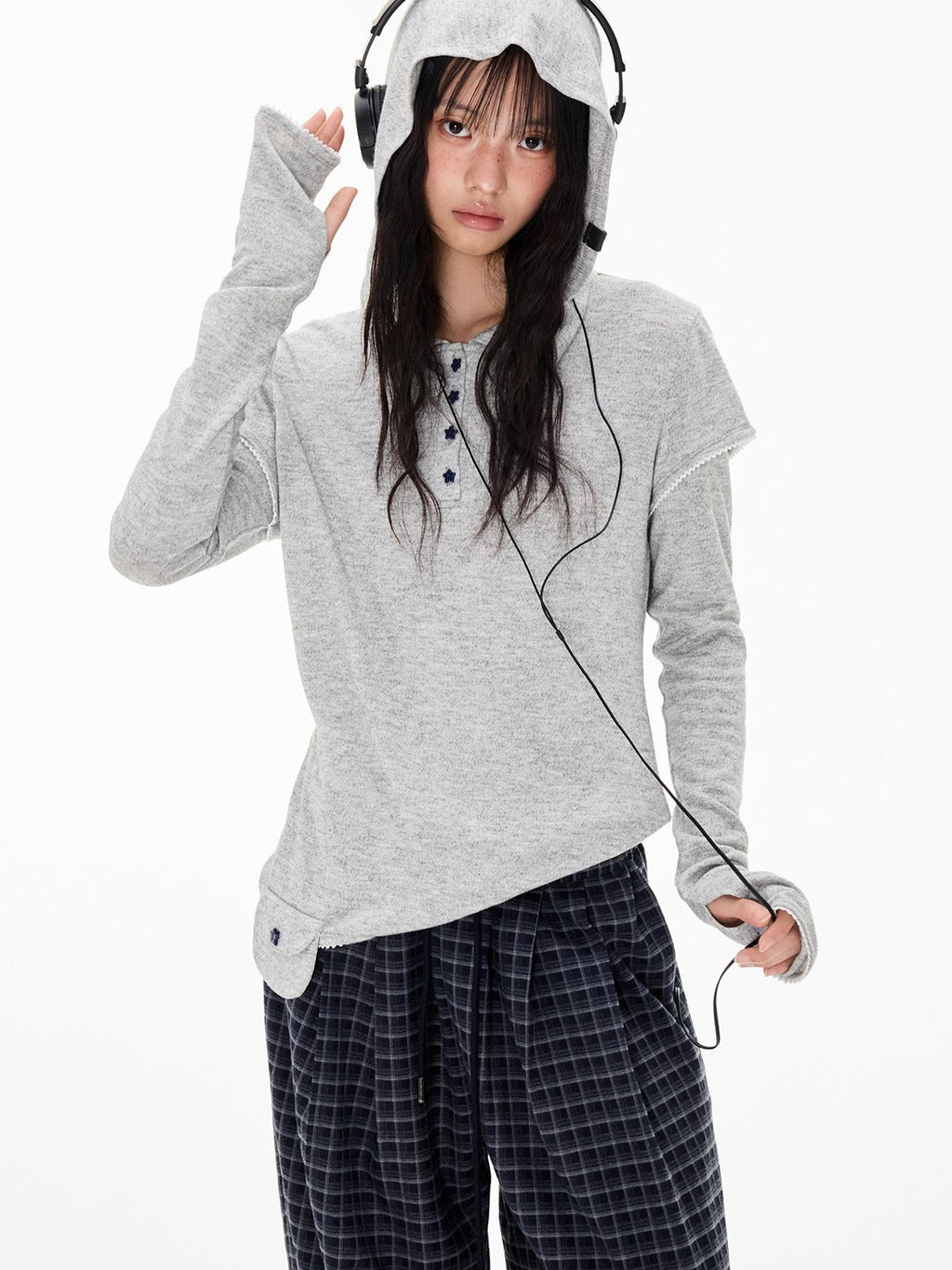 EZEK Star Button Print Hooded Henley Women's Bamboo Long Sleeve T-shirts