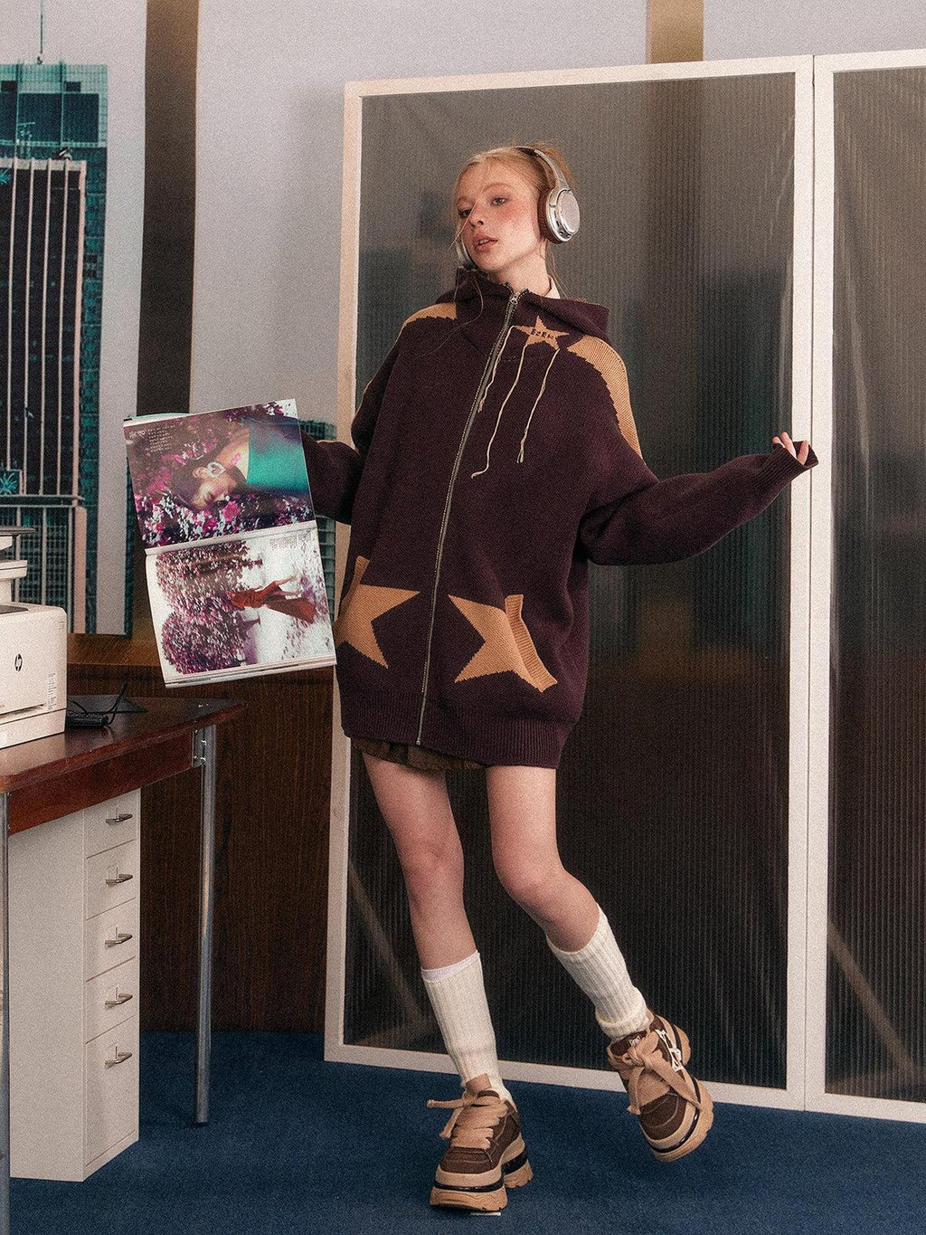 EZEK Star Loose Knitted Hooded Zipper Women's Cotton Acrylic Blend Fleece Jackets