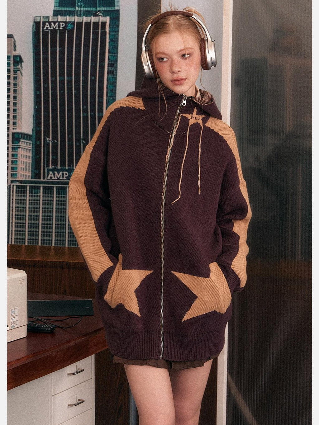 EZEK Star Loose Knitted Hooded Zipper Women's Cotton Acrylic Blend Fleece Jackets