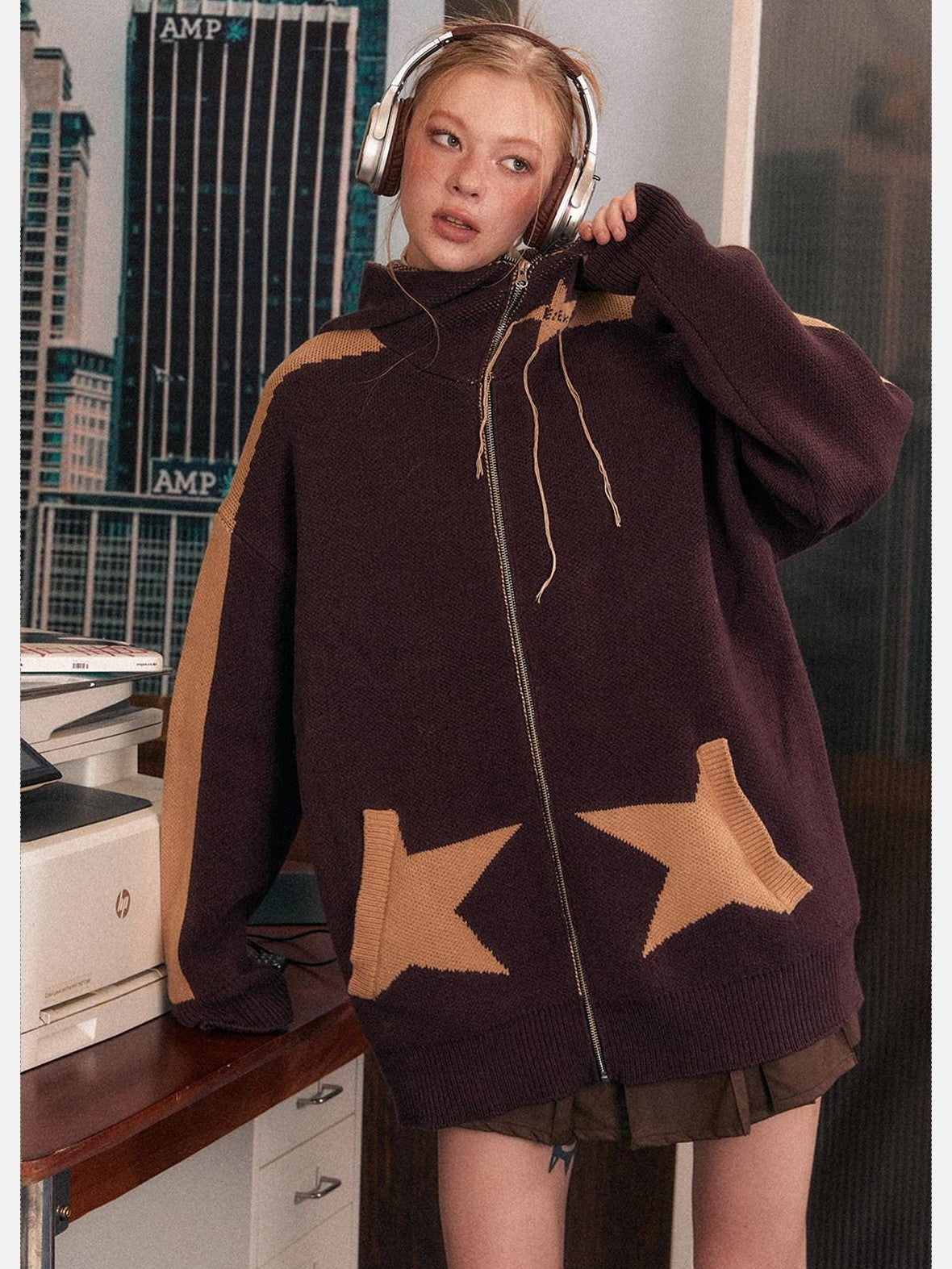 EZEK Star Loose Knitted Hooded Zipper Women's Cotton Acrylic Blend Fleece Jackets