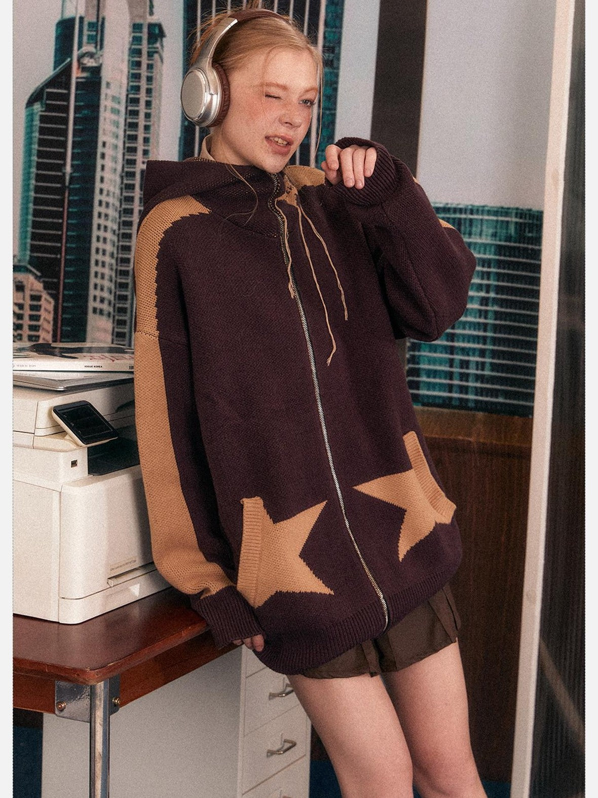 EZEK Star Loose Knitted Hooded Zipper Women's Cotton Acrylic Blend Fleece Jackets