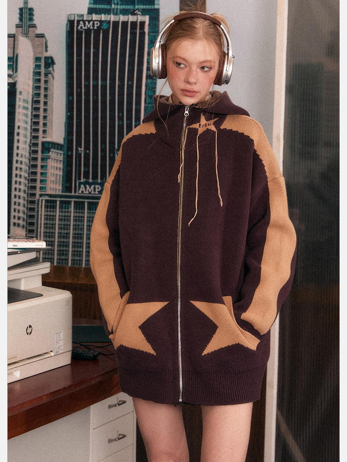 EZEK Star Loose Knitted Hooded Zipper Women's Cotton Acrylic Blend Fleece Jackets