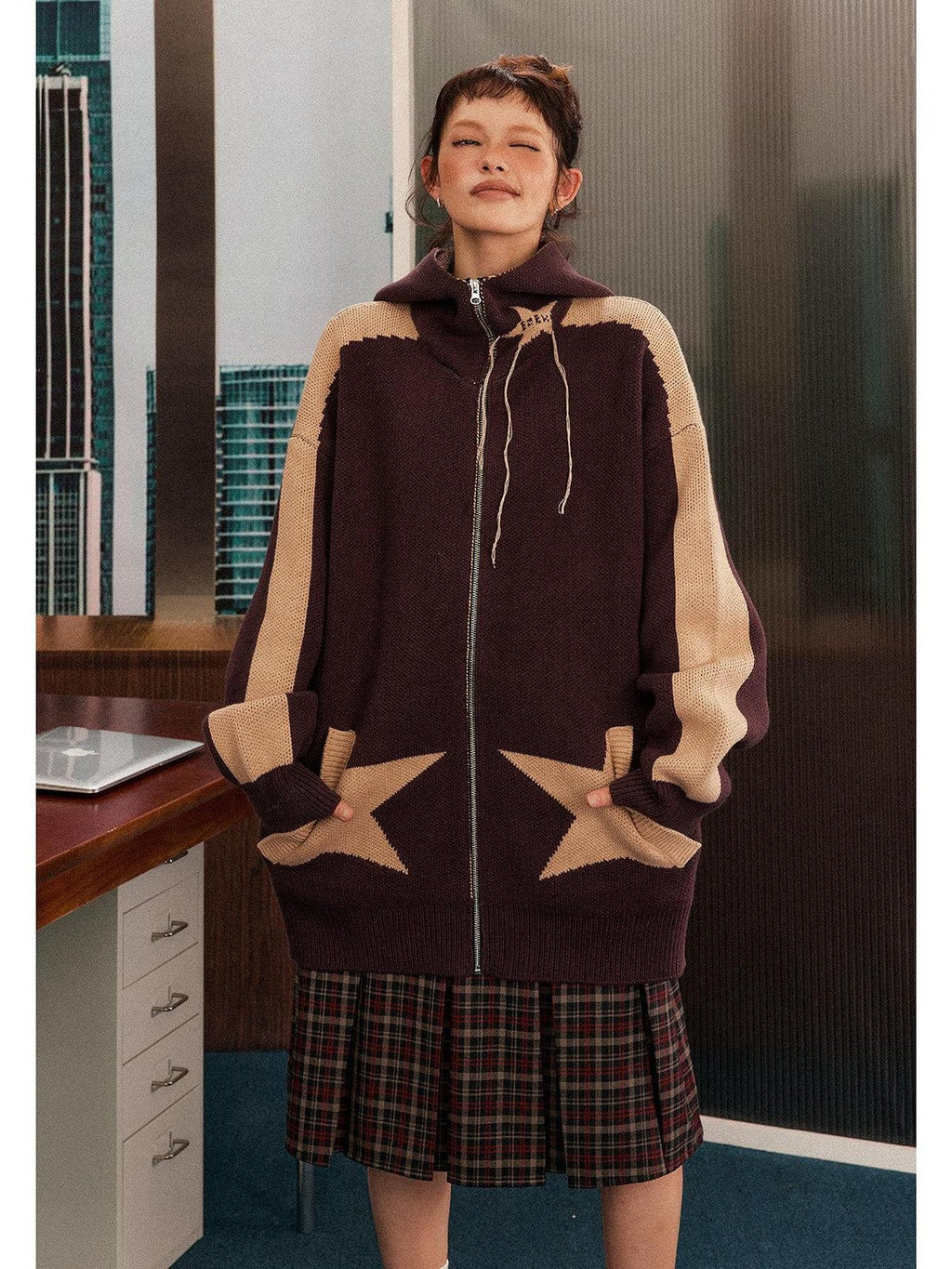 EZEK Star Loose Knitted Hooded Zipper Women's Cotton Acrylic Blend Fleece Jackets