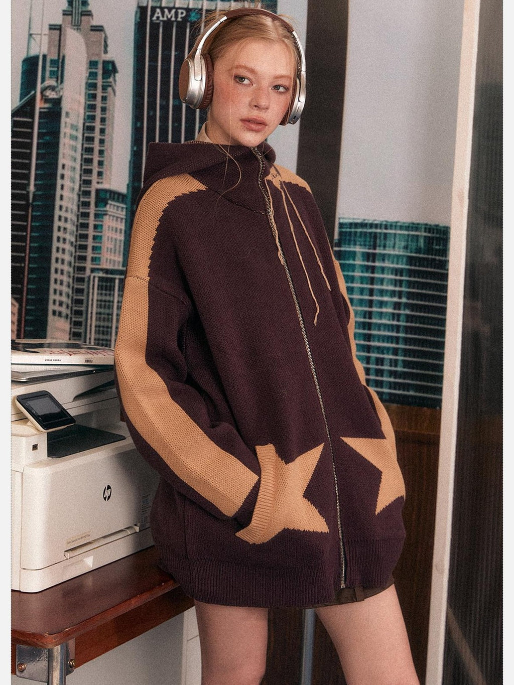 EZEK Star Loose Knitted Hooded Zipper Women's Cotton Acrylic Blend Fleece Jackets