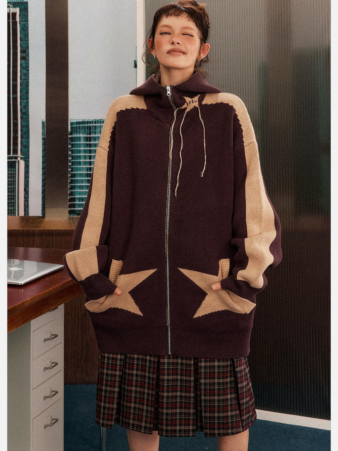 EZEK Star Loose Knitted Hooded Zipper Women's Cotton Acrylic Blend Fleece Jackets