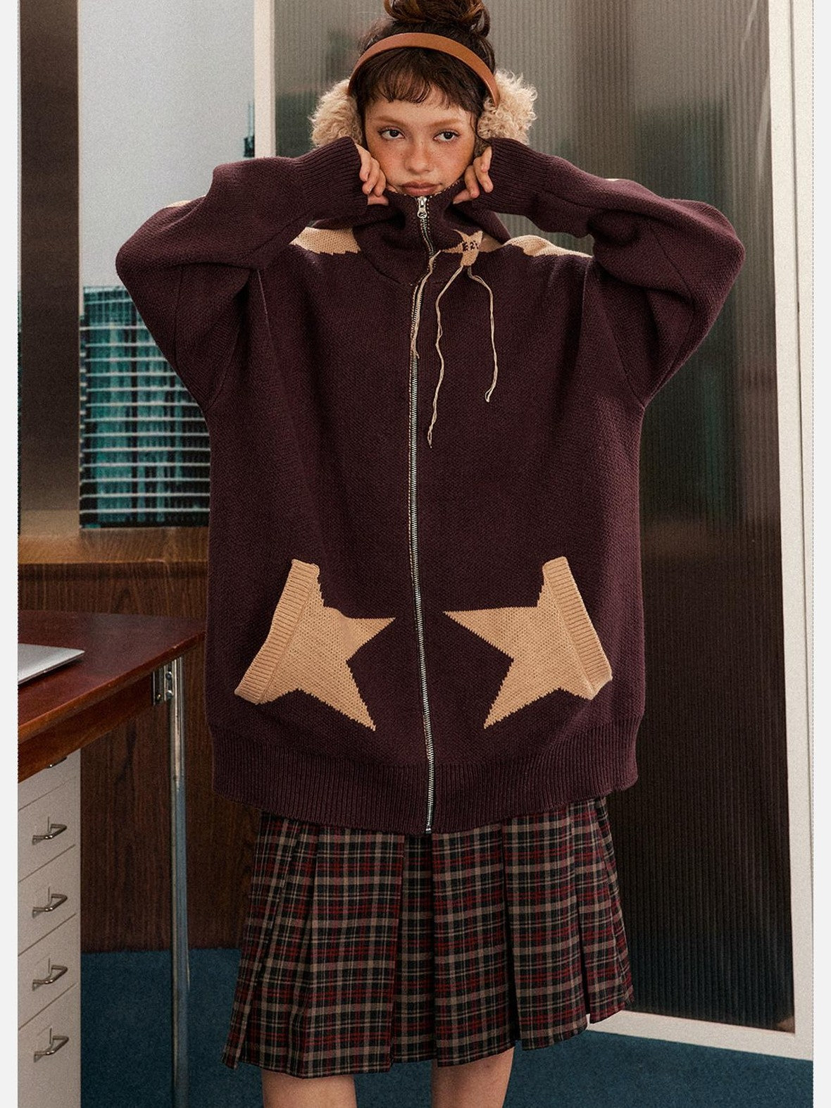 EZEK Star Loose Knitted Hooded Zipper Women's Cotton Acrylic Blend Fleece Jackets