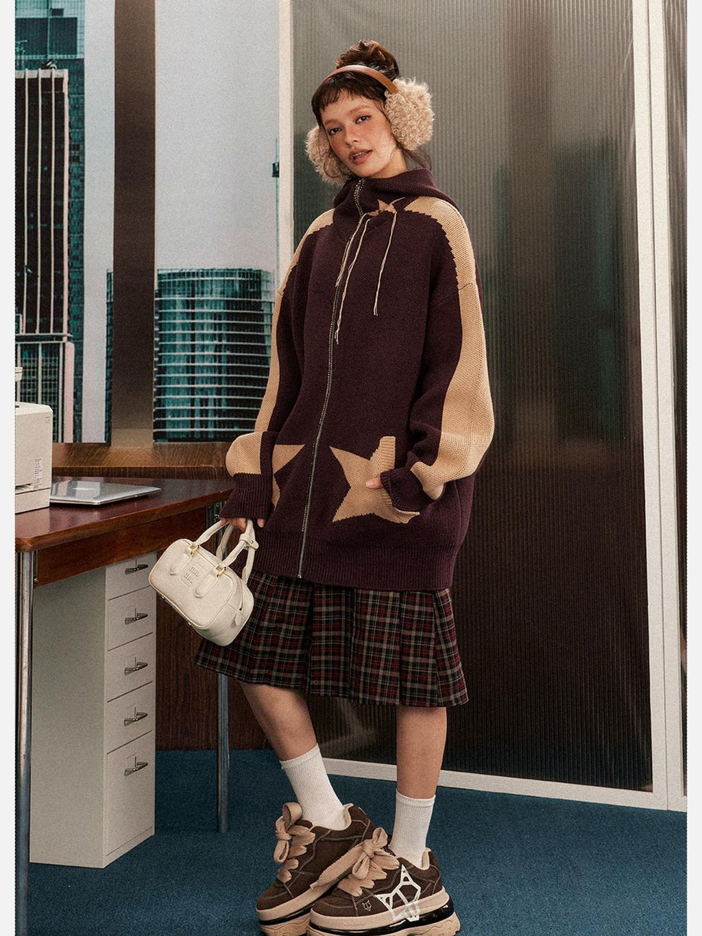 EZEK Star Loose Knitted Hooded Zipper Women's Cotton Acrylic Blend Fleece Jackets