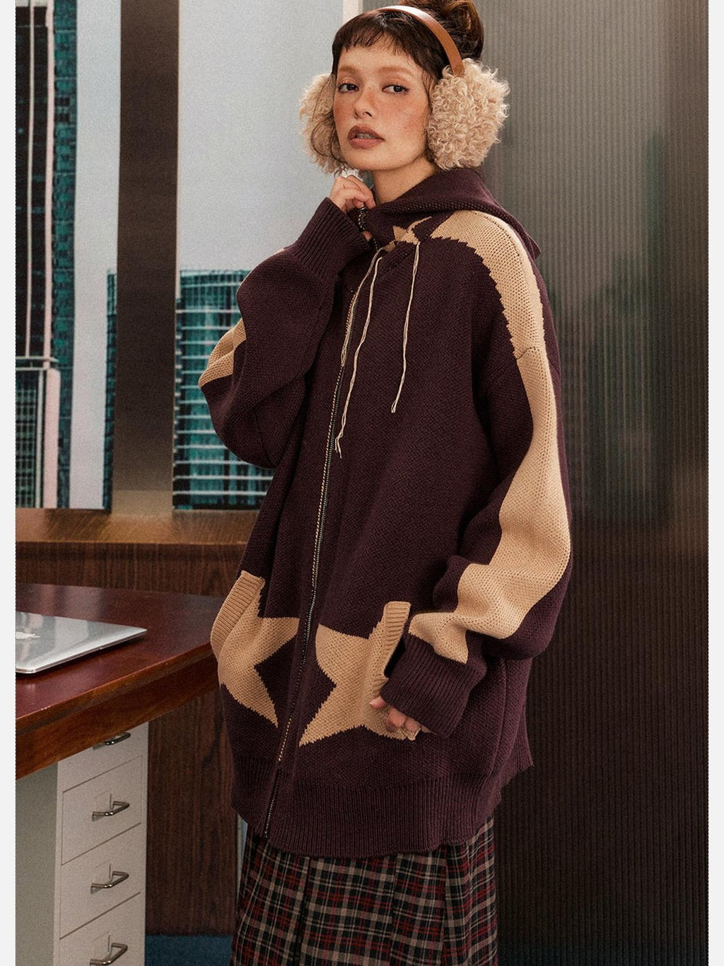 EZEK Star Loose Knitted Hooded Zipper Women's Cotton Acrylic Blend Fleece Jackets