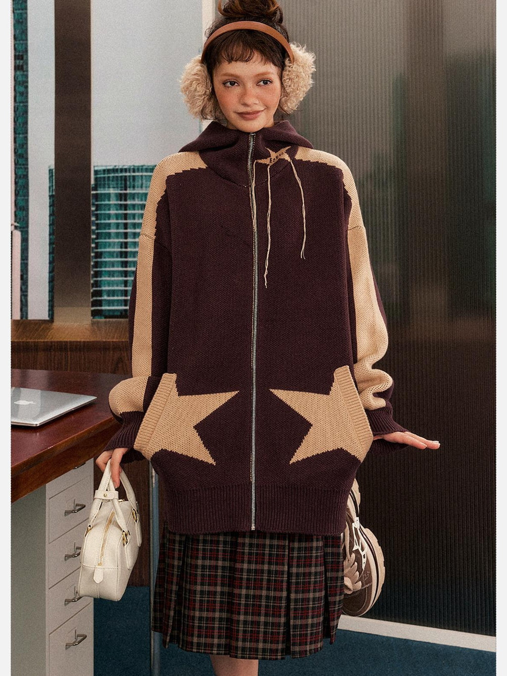 EZEK Star Loose Knitted Hooded Zipper Women's Cotton Acrylic Blend Fleece Jackets