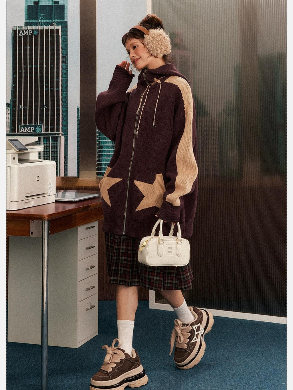 EZEK Star Loose Knitted Hooded Zipper Women's Cotton Acrylic Blend Fleece Jackets