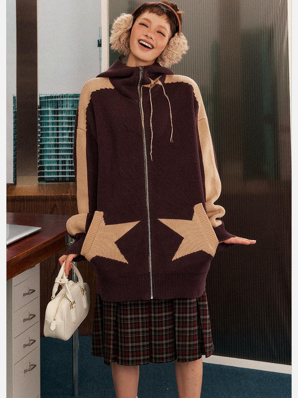 EZEK Star Loose Knitted Hooded Zipper Women's Cotton Acrylic Blend Fleece Jackets