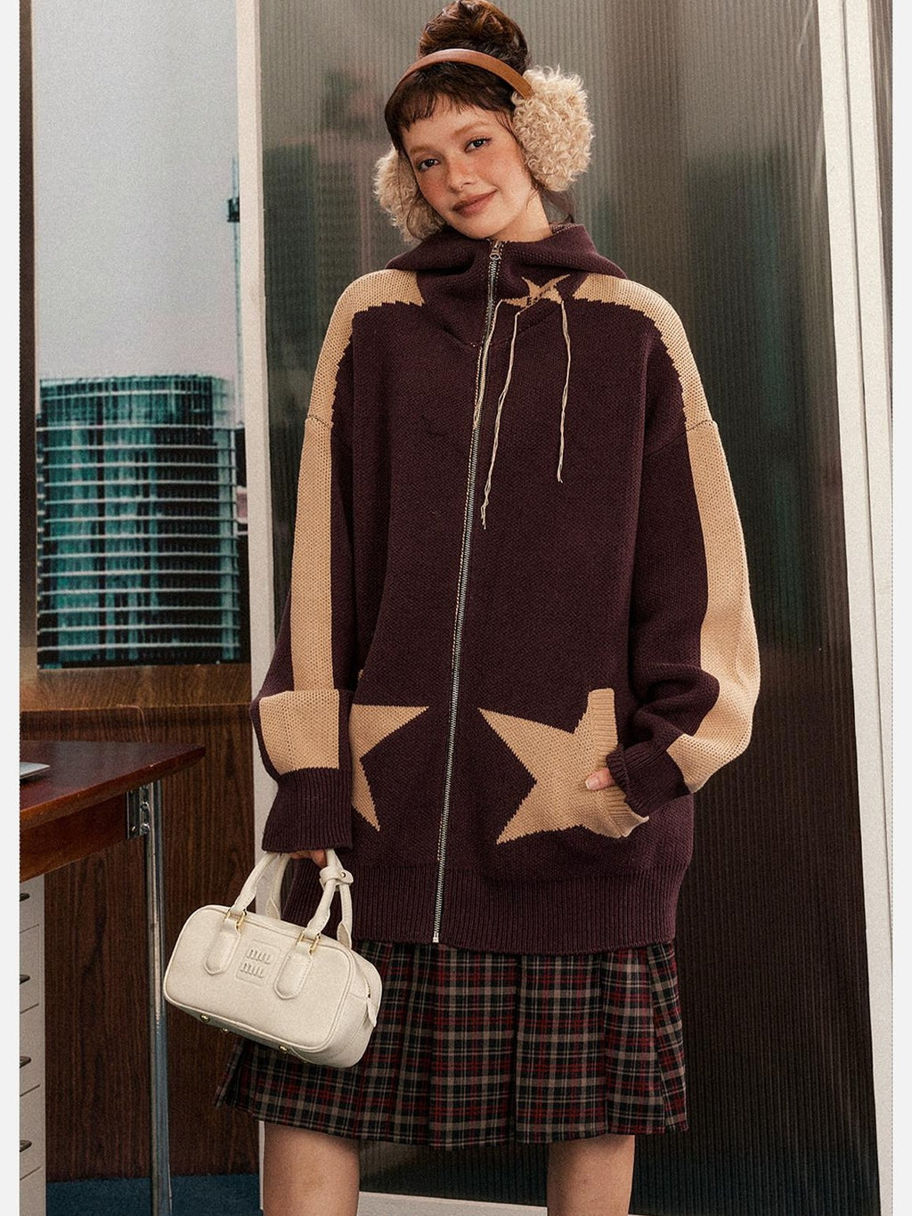 EZEK Star Loose Knitted Hooded Zipper Women's Cotton Acrylic Blend Fleece Jackets