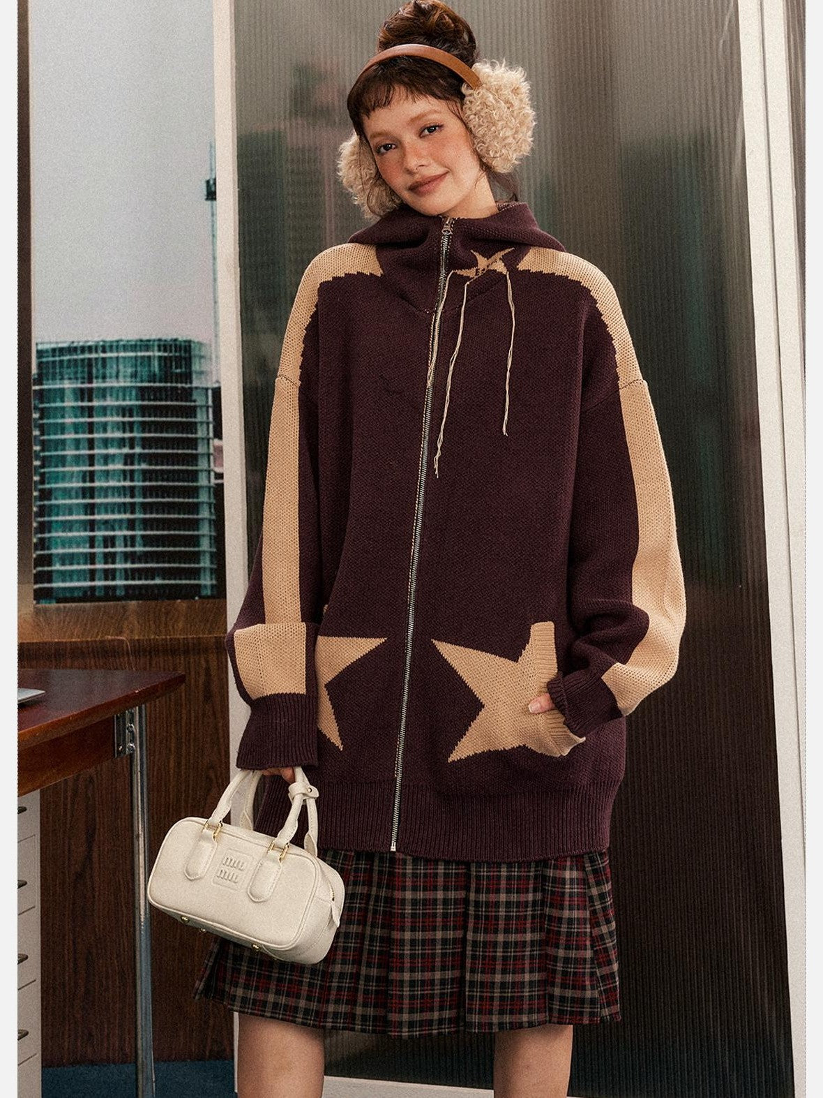 EZEK Star Loose Knitted Hooded Zipper Women's Cotton Acrylic Blend Fleece Jackets