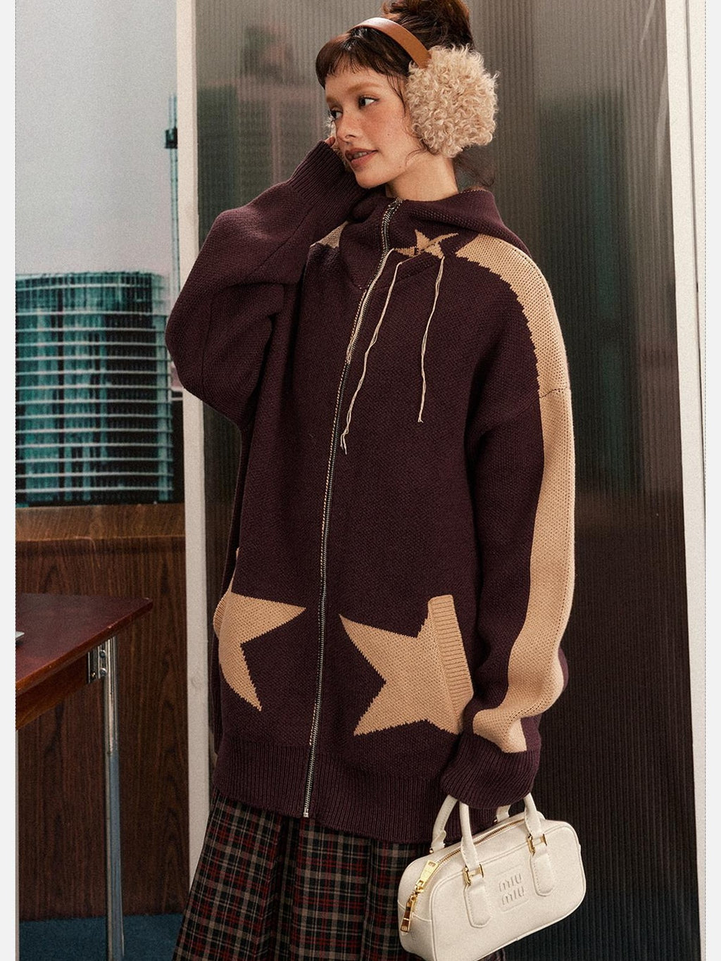 EZEK Star Loose Knitted Hooded Zipper Women's Cotton Acrylic Blend Fleece Jackets