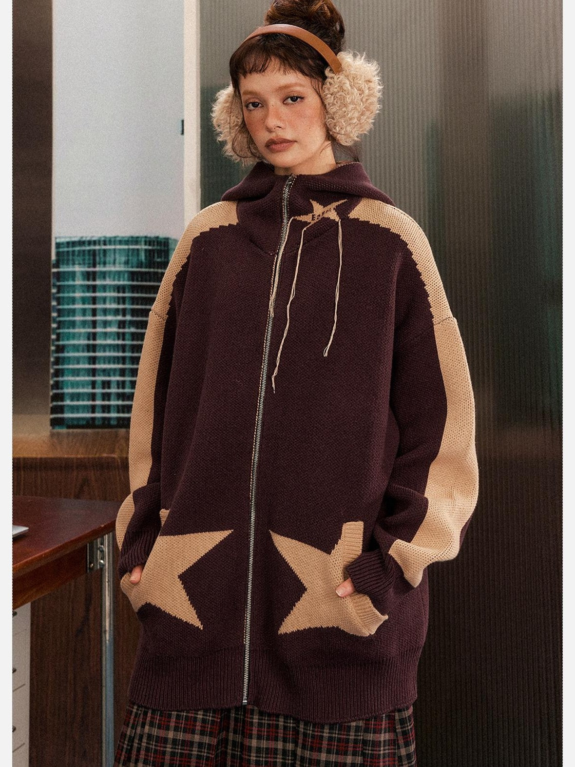 EZEK Star Loose Knitted Hooded Zipper Women's Cotton Acrylic Blend Fleece Jackets