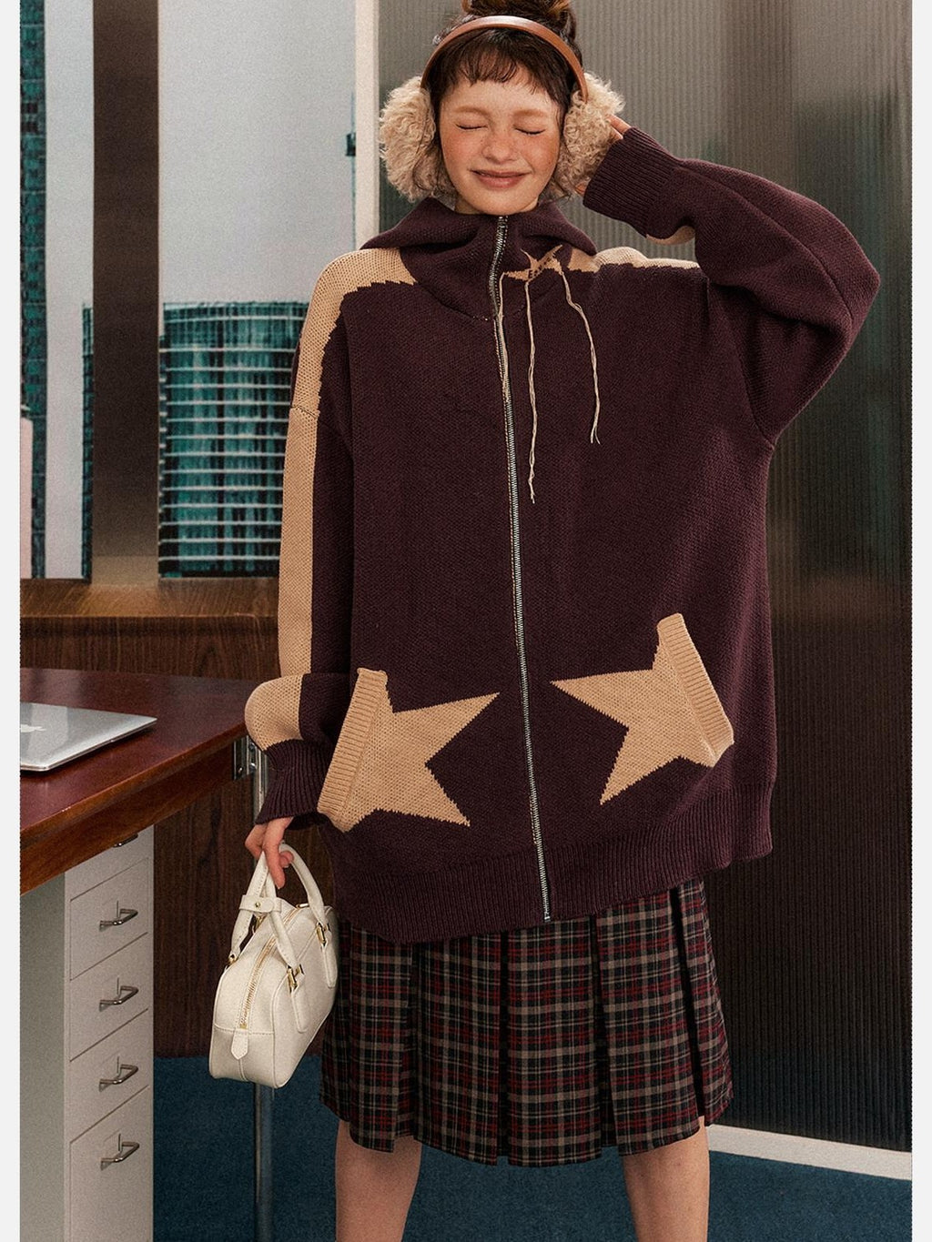 EZEK Star Loose Knitted Hooded Zipper Women's Cotton Acrylic Blend Fleece Jackets