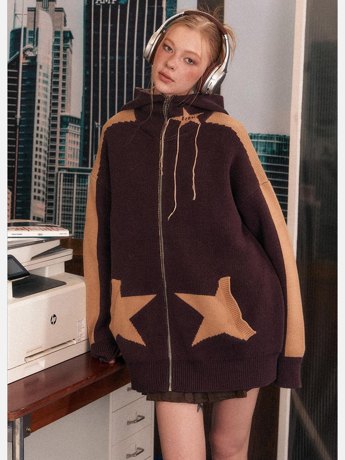 EZEK Star Loose Knitted Hooded Zipper Women's Cotton Acrylic Blend Fleece Jackets