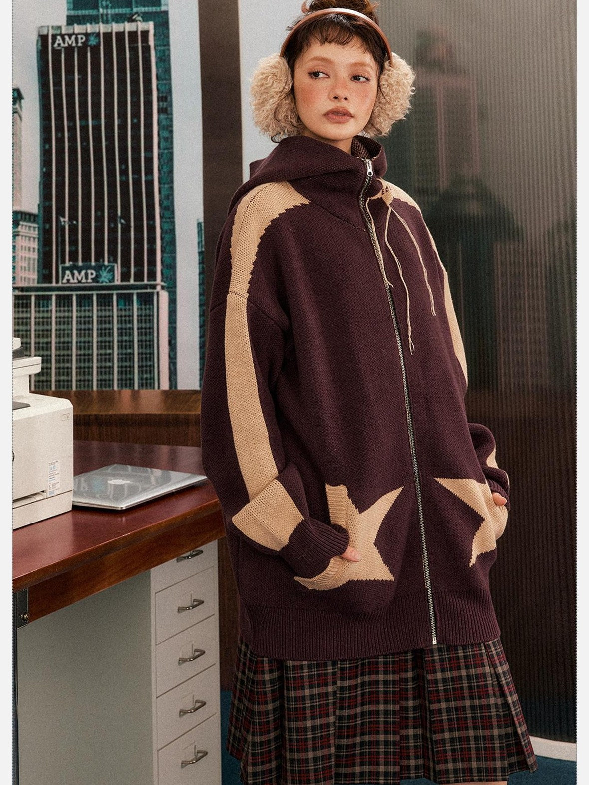 EZEK Star Loose Knitted Hooded Zipper Women's Cotton Acrylic Blend Fleece Jackets