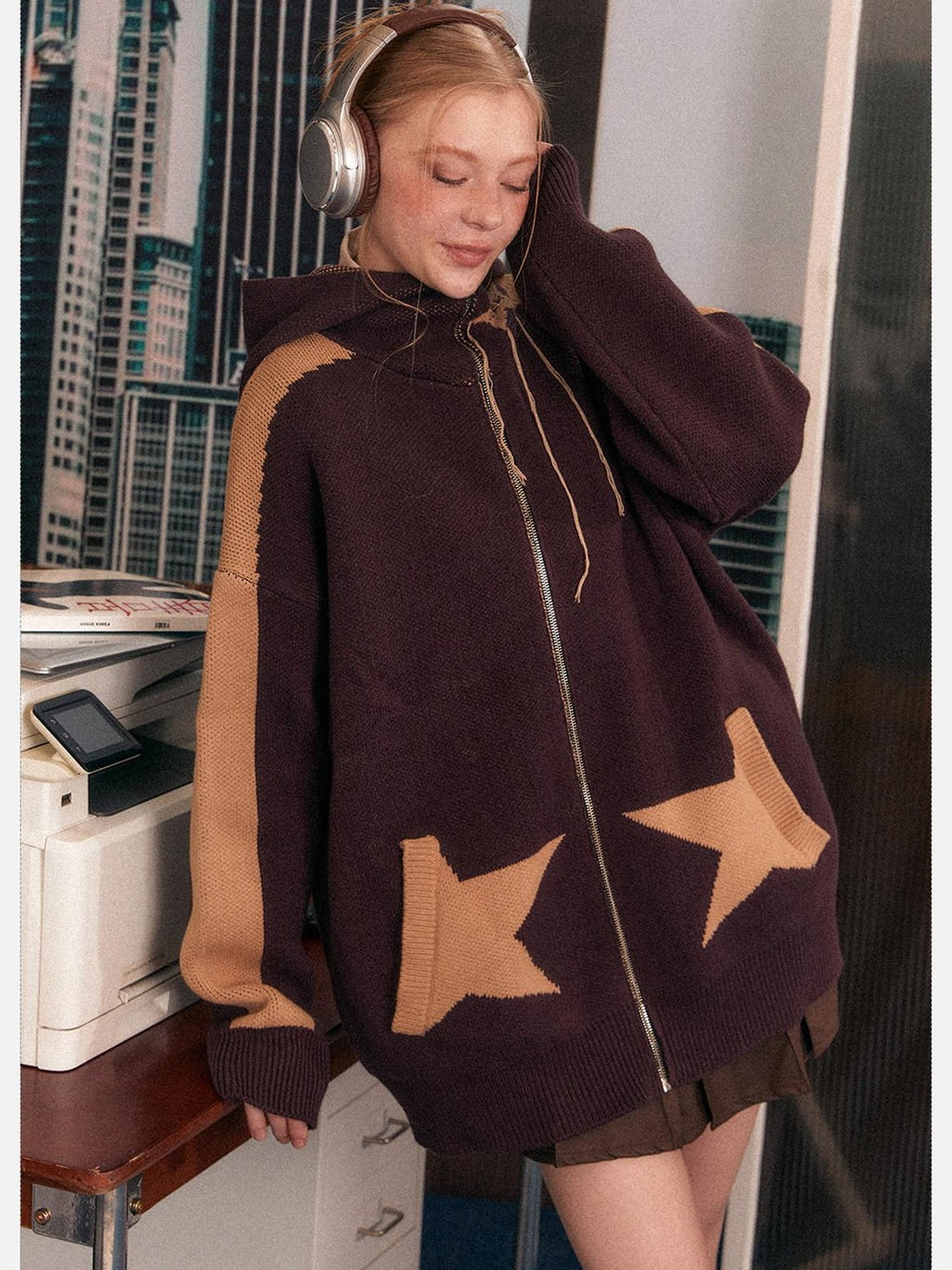 EZEK Star Loose Knitted Hooded Zipper Women's Cotton Acrylic Blend Fleece Jackets