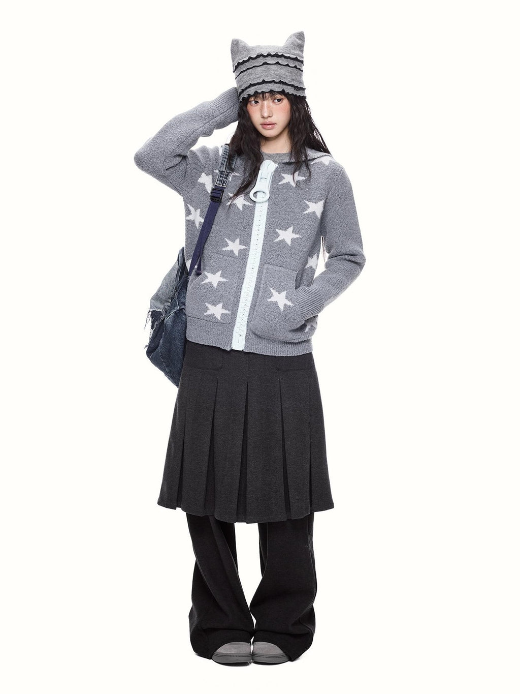 EZEK Star Print Full Zip Hooded Knit Women's Cardigans