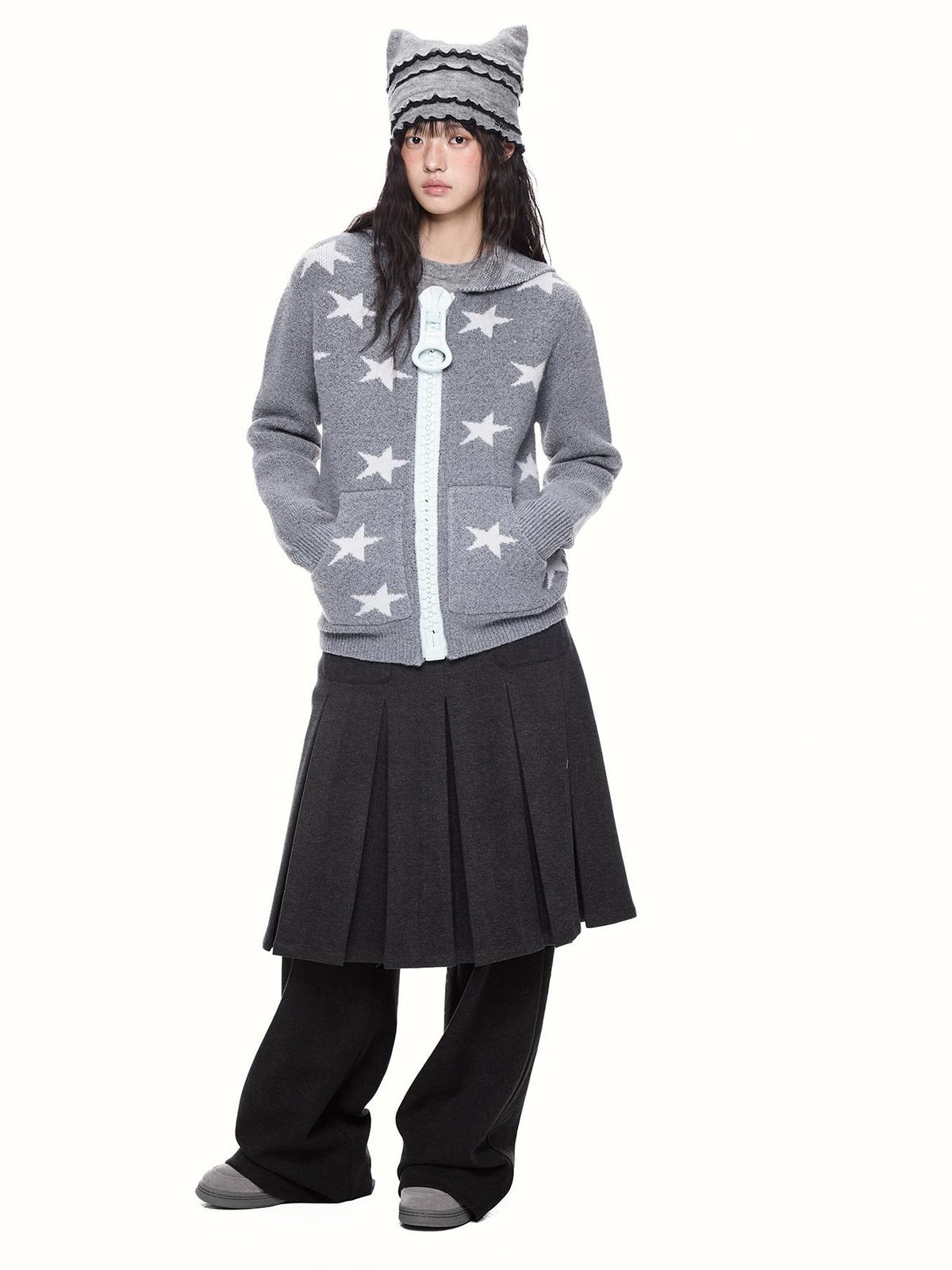 EZEK Star Print Full Zip Hooded Knit Women's Cardigans