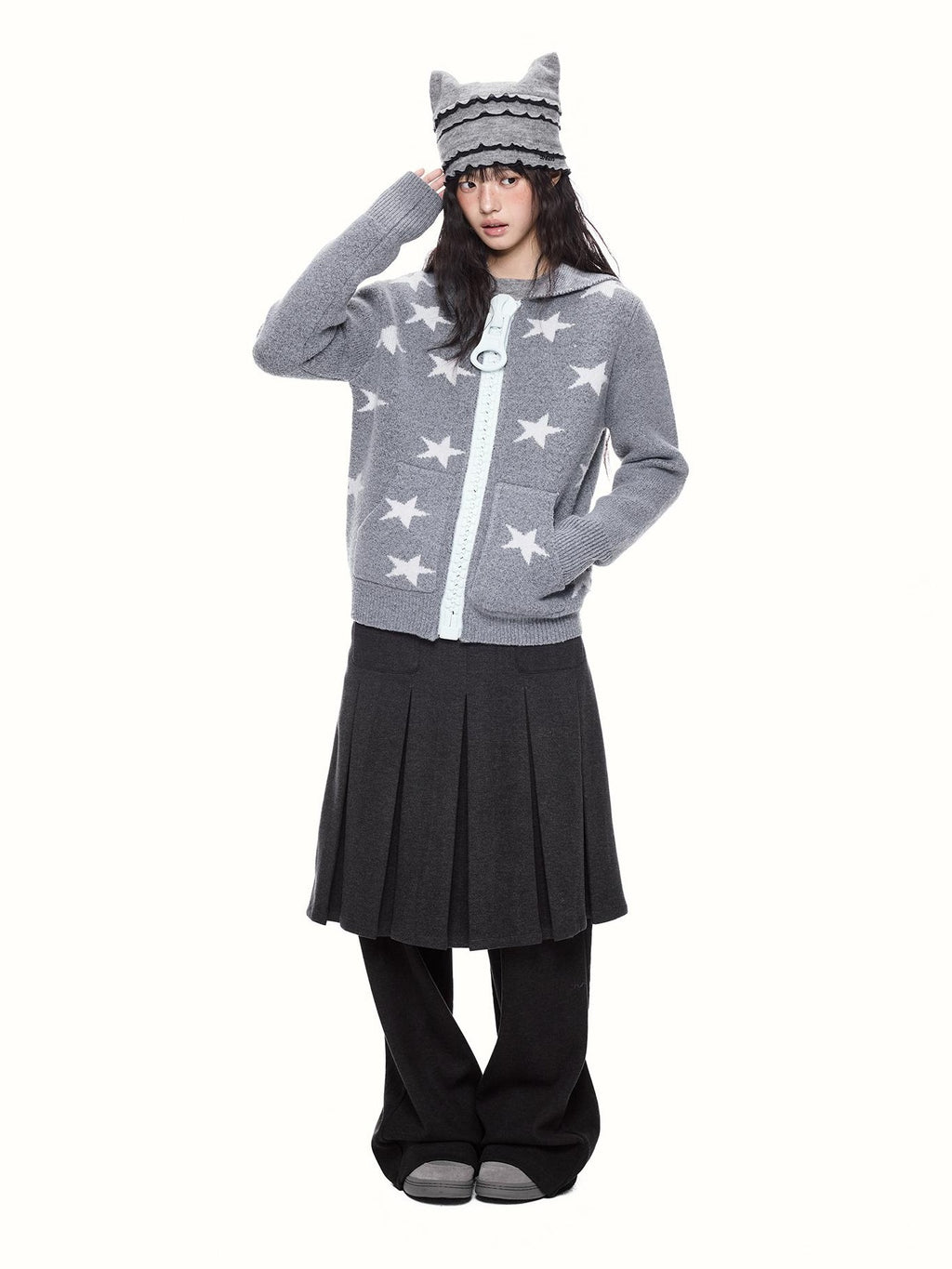 EZEK Star Print Full Zip Hooded Knit Women's Cardigans