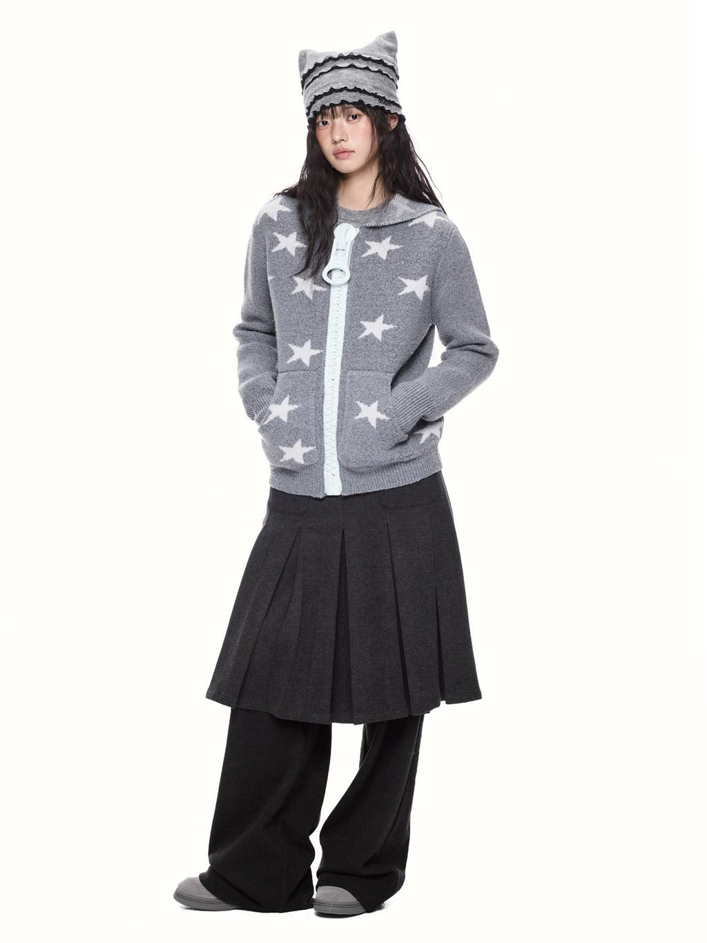 EZEK Star Print Full Zip Hooded Knit Women's Cardigans