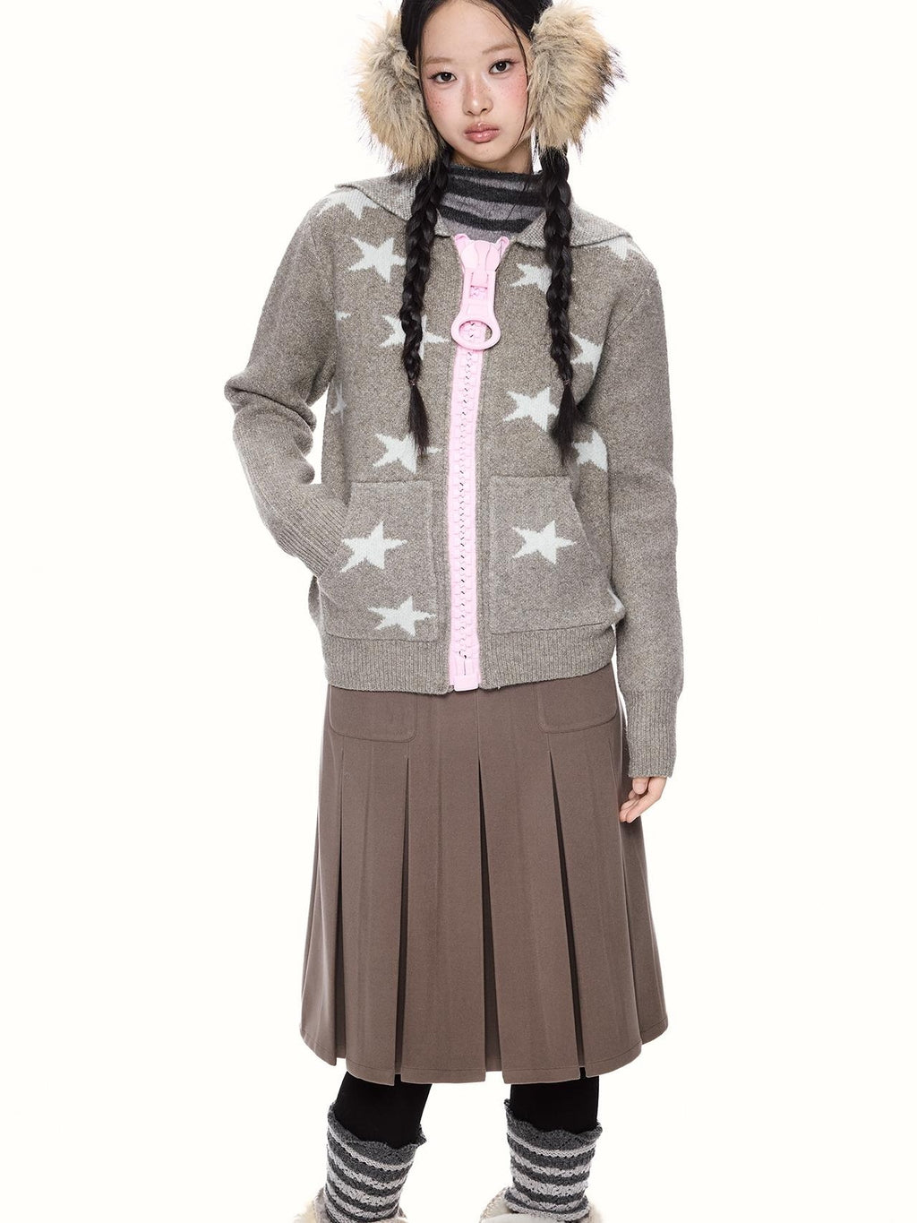 EZEK Star Print Full Zip Hooded Knit Women's Cardigans