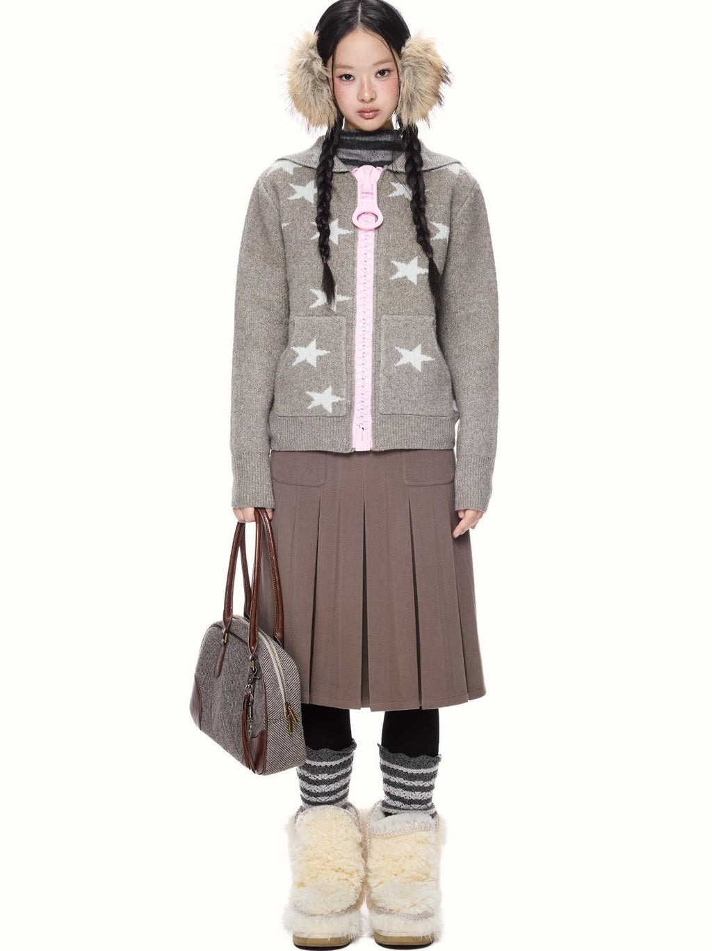EZEK Star Print Full Zip Hooded Knit Women's Cardigans