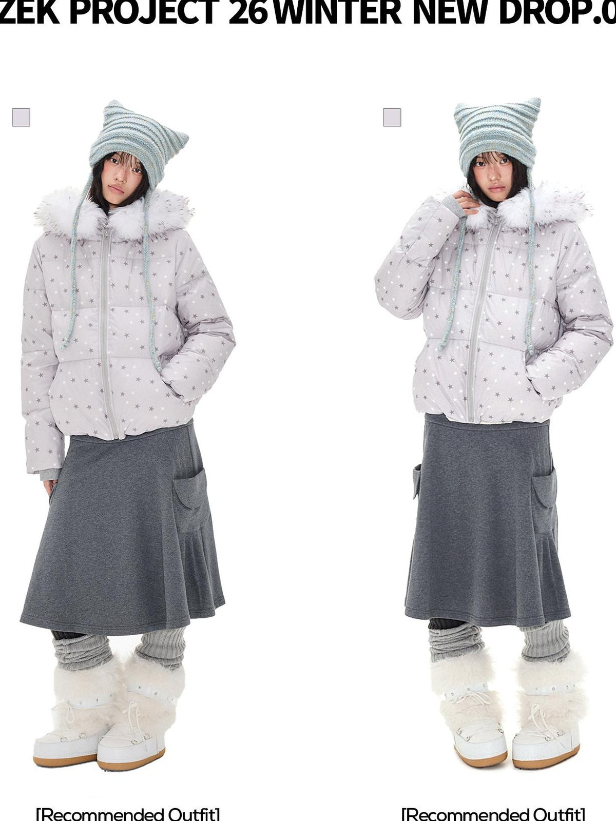 EZEK Star Print White Fur Trim Hooded 90% White Duck Down Women's Polyester Down Jackets