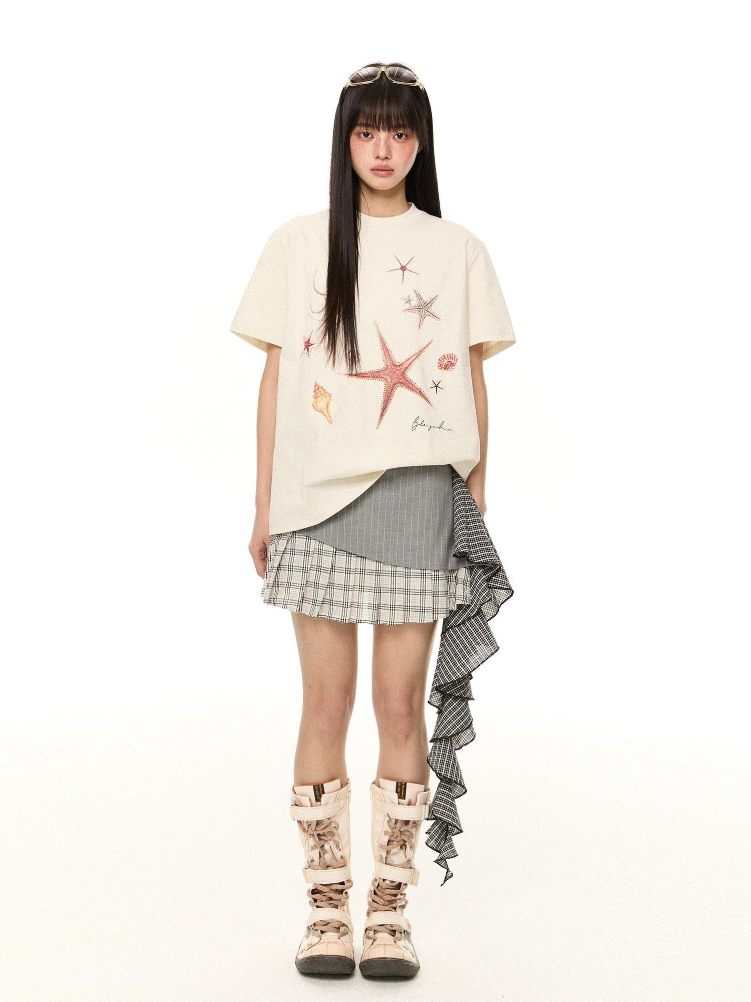 EZEK Starfish Print Loose Crewneck Women's Cotton Blend Short Sleeve T-shirts