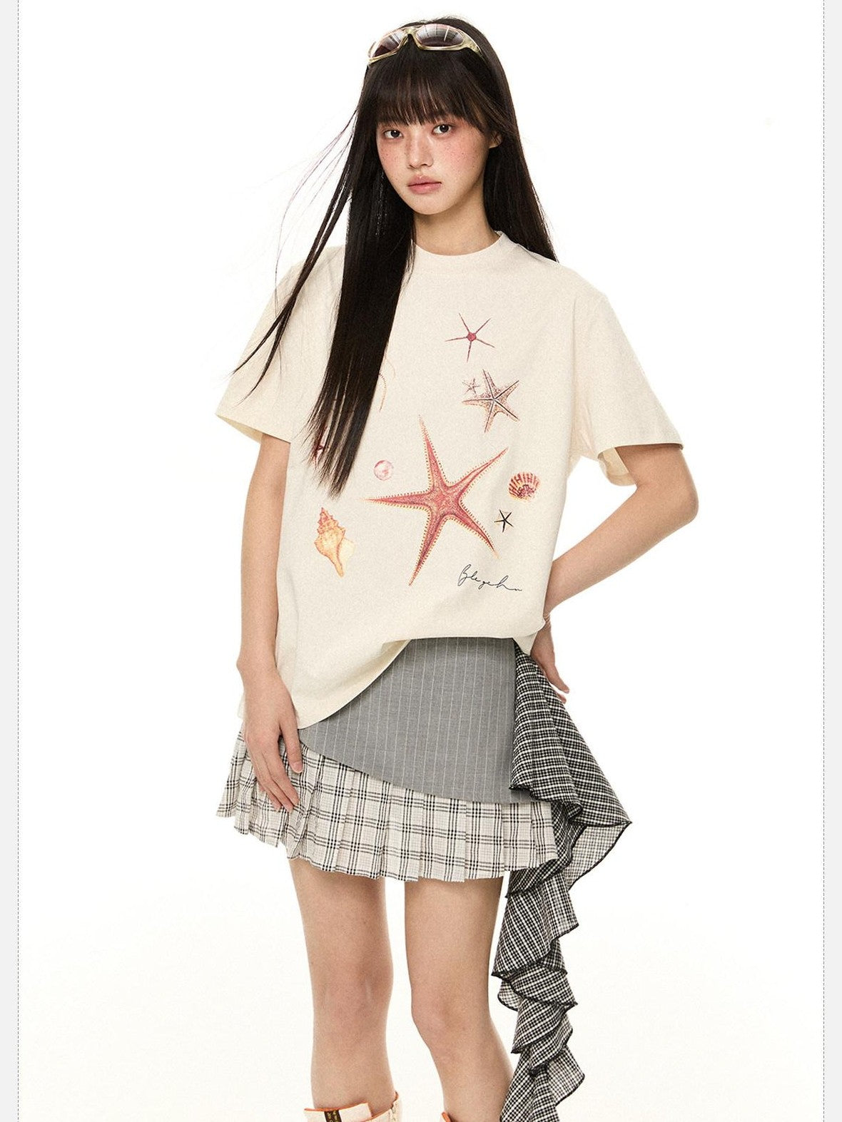 EZEK Starfish Print Loose Crewneck Women's Cotton Blend Short Sleeve T-shirts