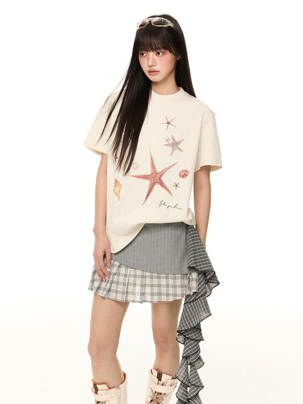 EZEK Starfish Print Loose Crewneck Women's Cotton Blend Short Sleeve T-shirts