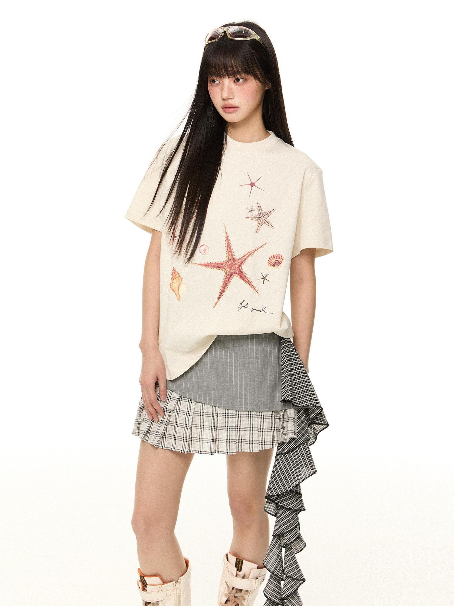 EZEK Starfish Print Loose Crewneck Women's Cotton Blend Short Sleeve T-shirts