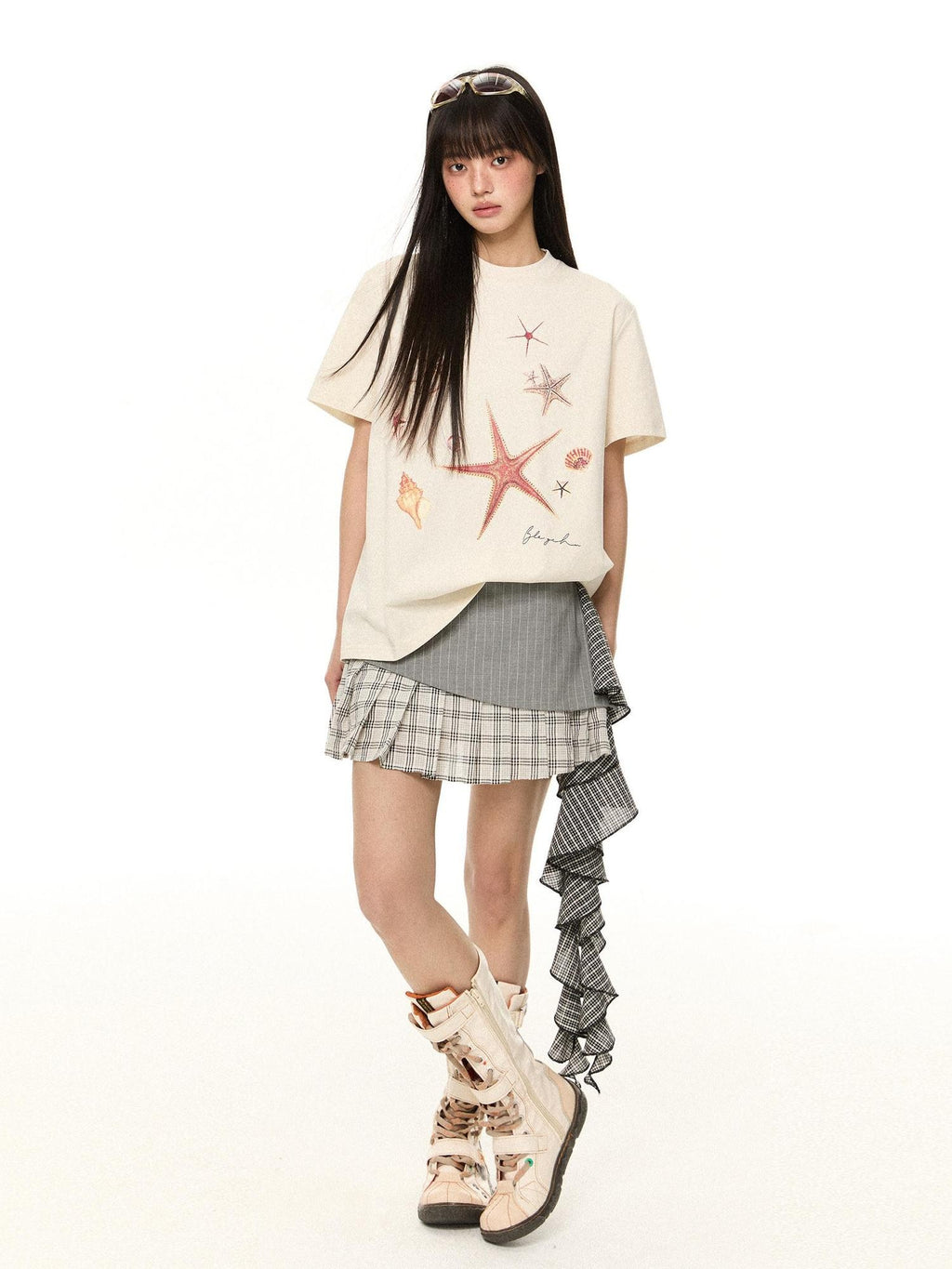 EZEK Starfish Print Loose Crewneck Women's Cotton Blend Short Sleeve T-shirts