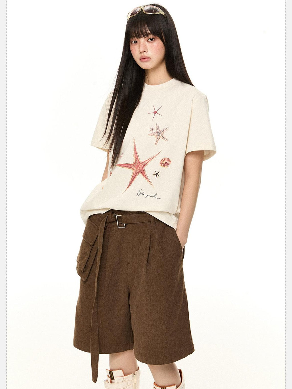 EZEK Starfish Print Loose Crewneck Women's Cotton Blend Short Sleeve T-shirts