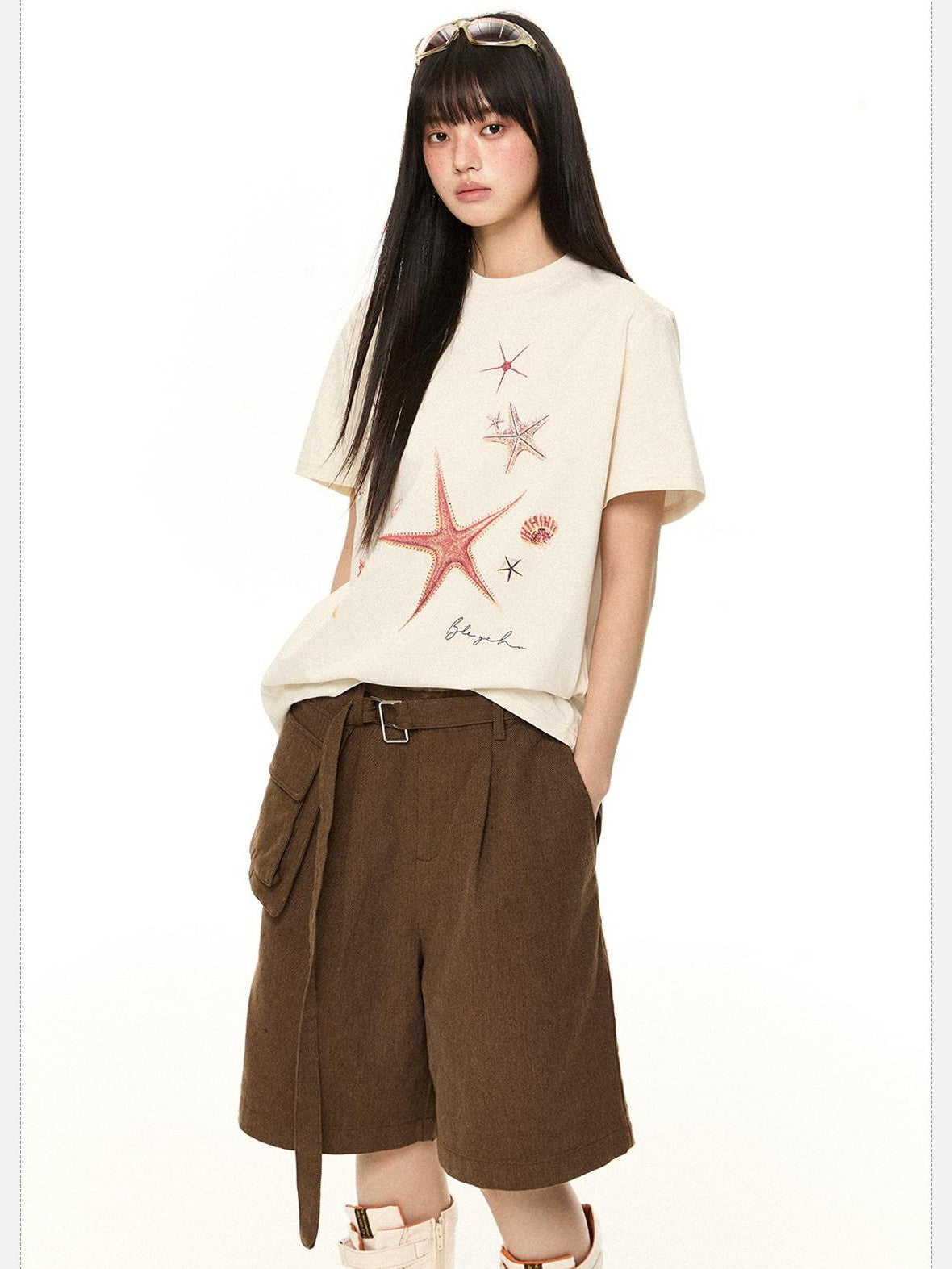 EZEK Starfish Print Loose Crewneck Women's Cotton Blend Short Sleeve T-shirts